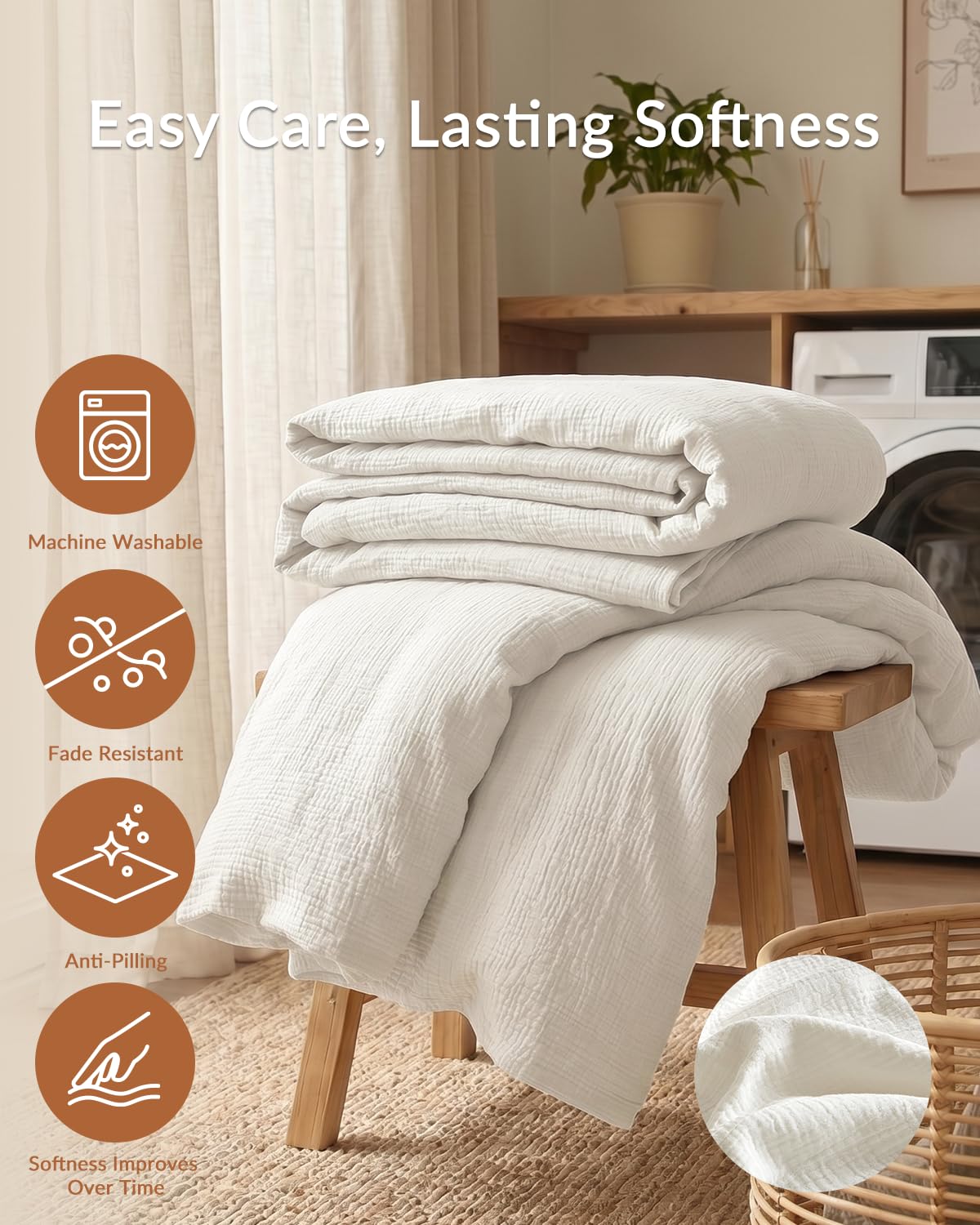 Bailix Set di biancheria da letto in mussola di alta qualità, 135 x 200 cm, 3 pezzi, bianco, 100% cotone, 135 x 200 cm + 2 federe 80 x 80 cm, con bottoni bianchi