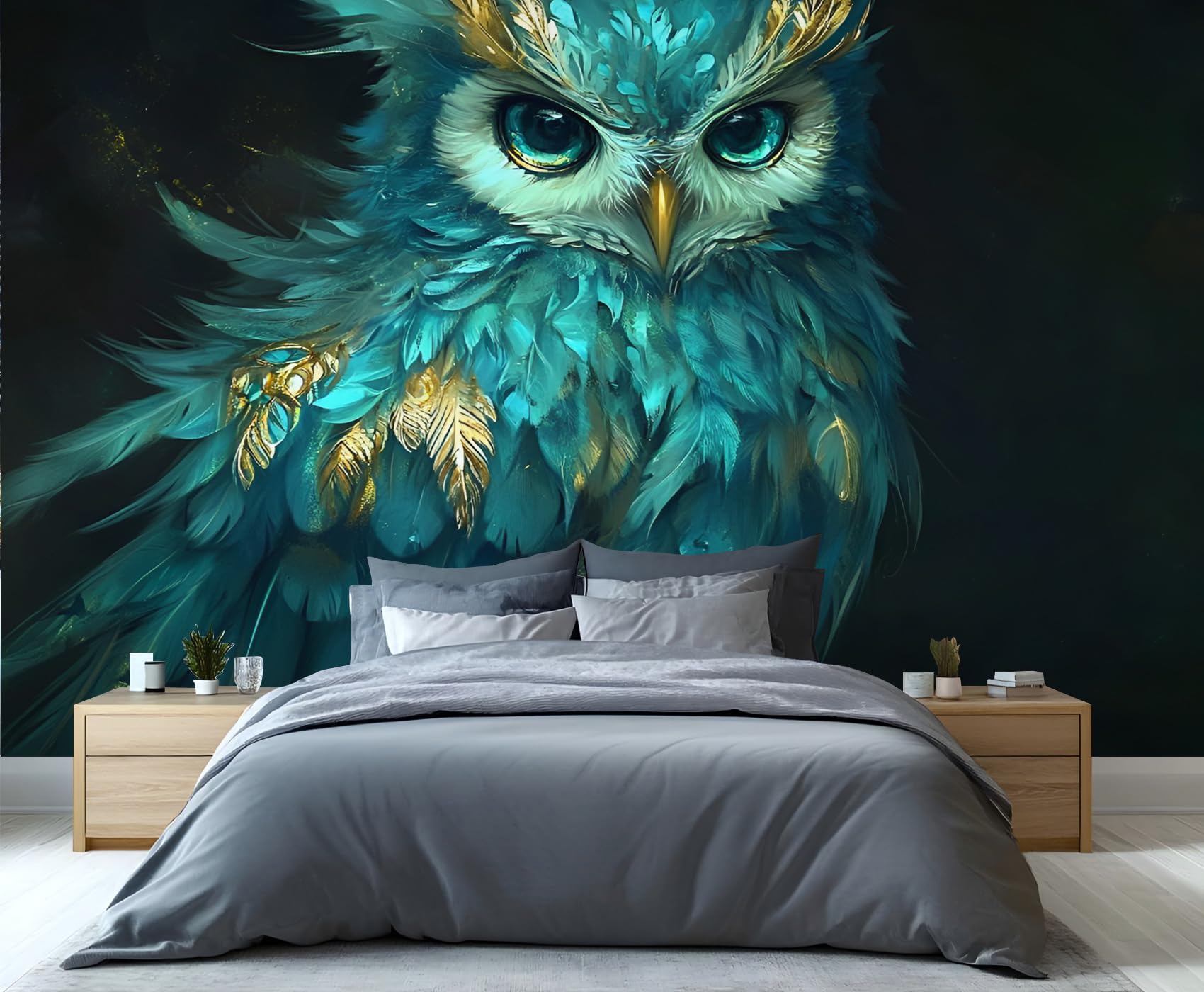 YXQAIED Owl Wallpaper, Animals Bedroom Wall Paper, Not Self Adhesive Blue Green Wallpaper for Living Room, Feather Apartment Wall Murals & Room Decor, 400x280cm