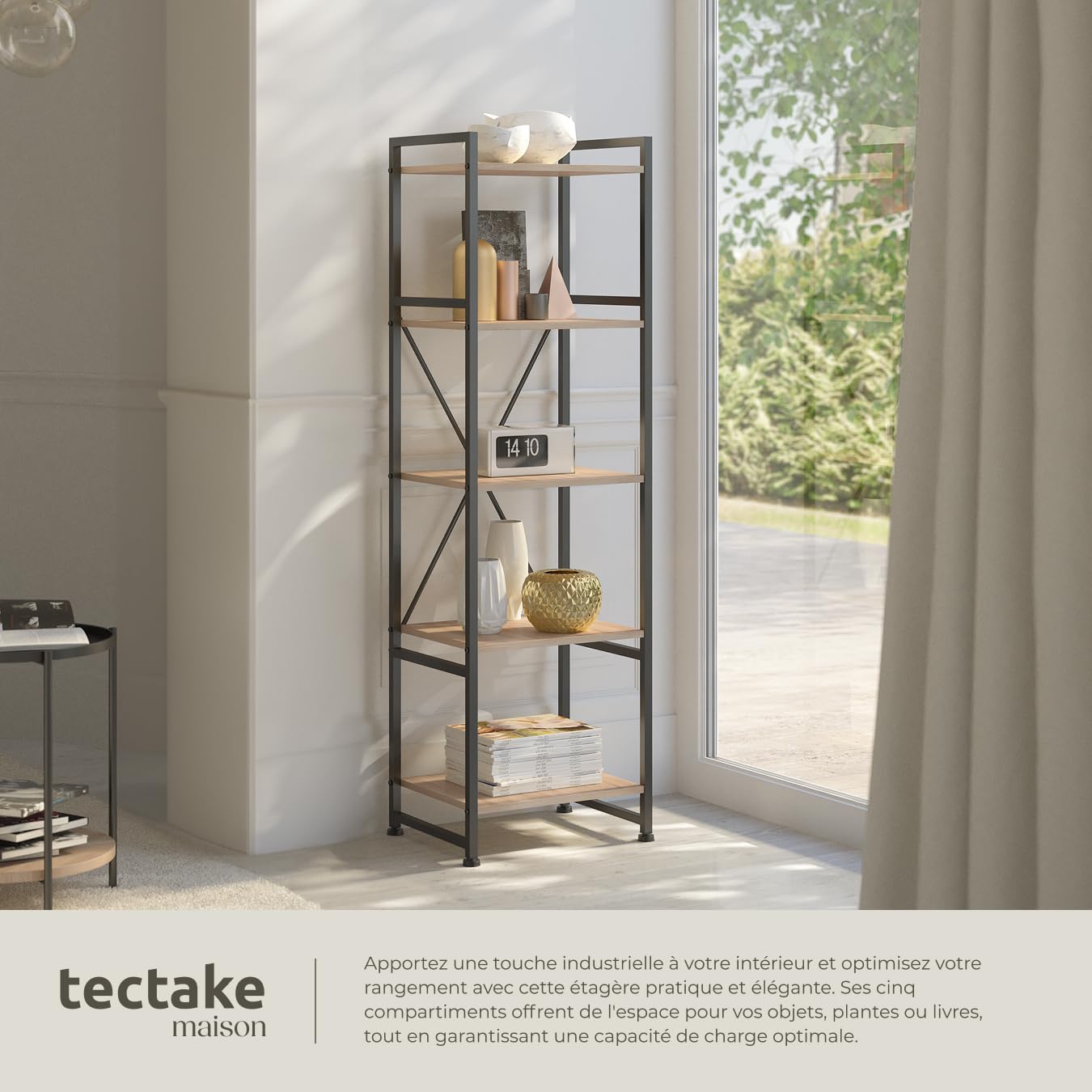 tectake® Étagère Bibliothèque Colonne Meuble de Rangement à 5 Niveaux Meuble Industriel Moderne Structure en Acier et en Bois MDF pour Rangement Bureau, Salon,Cuisine, Chambre, Dressing