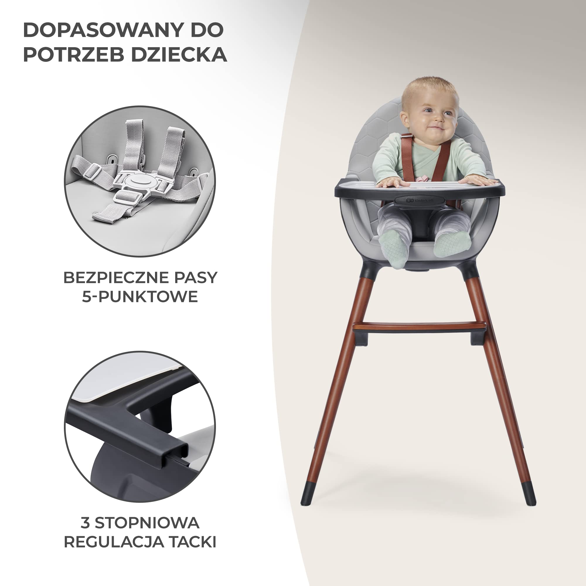 Kinderkraft Krzesełko do karmienia FINI 2w1, Krzesło dla starszaka, Regulowana zdejmowana tacka, Drewniane antypoślizgowe nożki, 5-Punktowe pasy bezpieczeństwa, Łatwy w czyszczeniu, do 5 lat, Szary