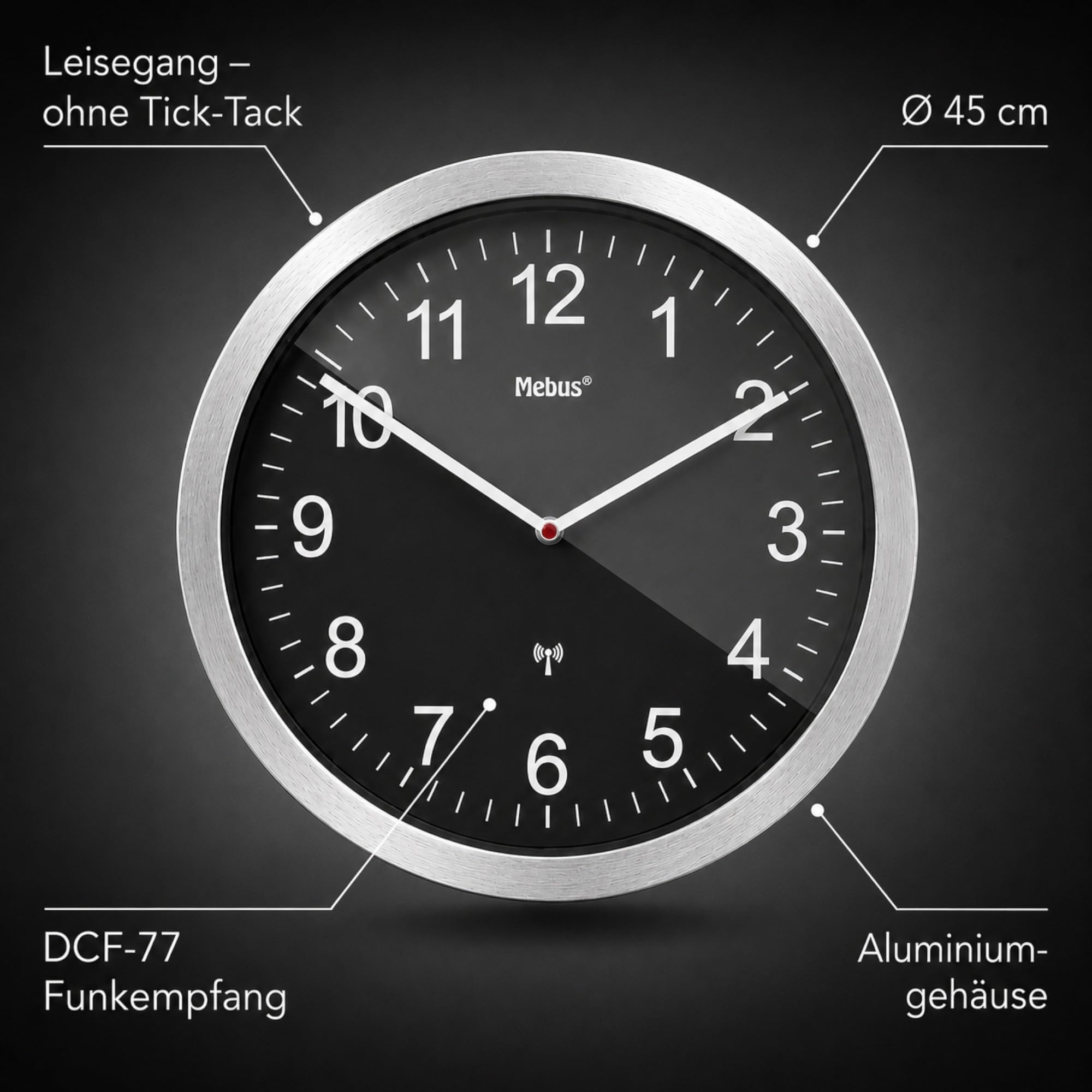 Mebus XXL Funkuhr Extra Große Wanduhr Lautlos Uhrwerk Kein Sekundenzeiger Ziffernblatt 45cm Durchmesser Modell 14120 Schwarz Silber 45 Zentimeter Durchmesser
