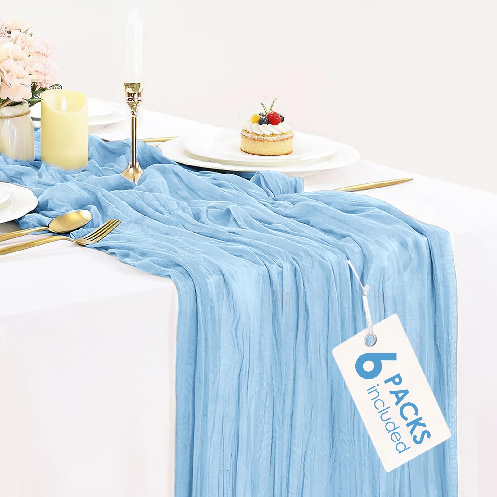 6 Pack Baby Blue Cheesecloth Table Runner 35x120 inch, Easter Spring Boho Sheer Light Blue Gauze Cheese Cloth Table Runner for Wedding Party Baby