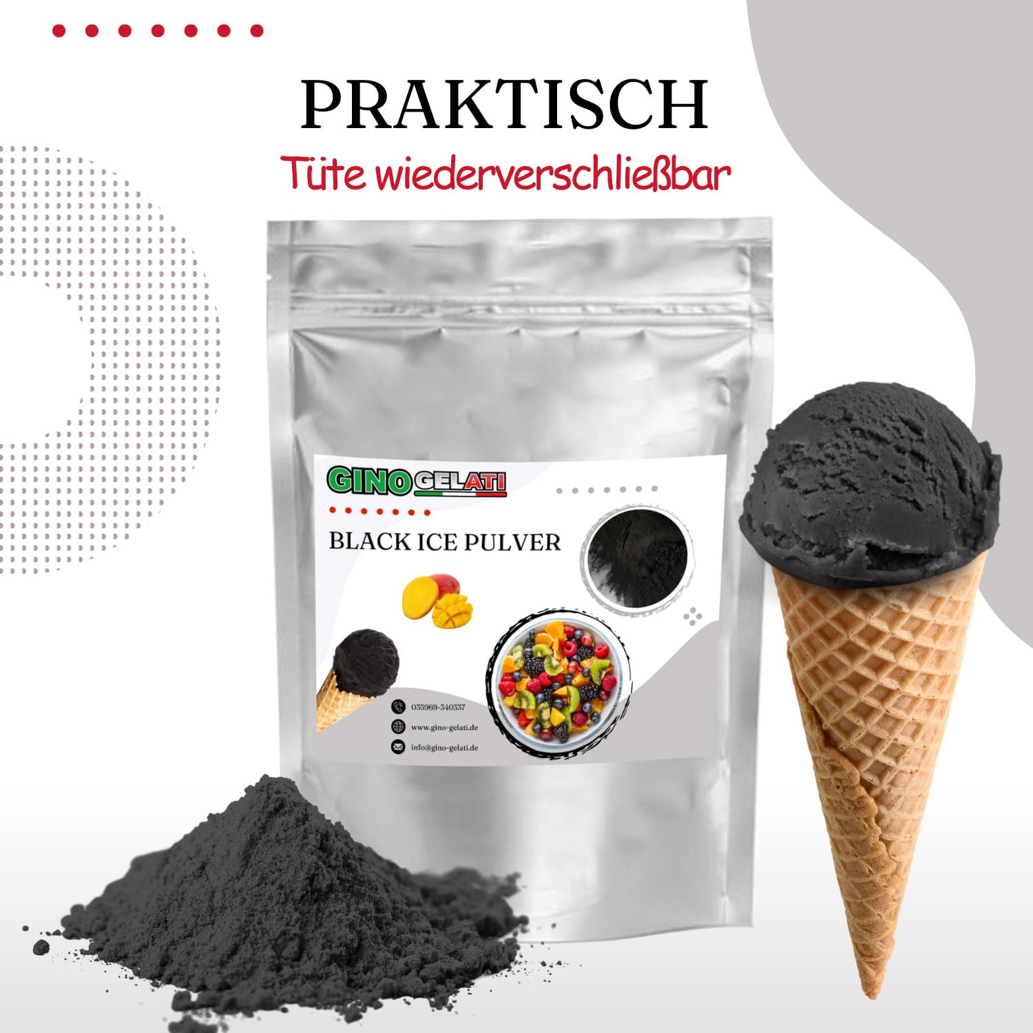 Gino Gelati Schwarzes Eis Pulver mit verschiedenen alkoholischen Geschmäckern, Speiseeis, vegan oder Low Carb, einfache Zubereitung, alkoholfrei, Made in Germany (1 Kg, Whiskey)