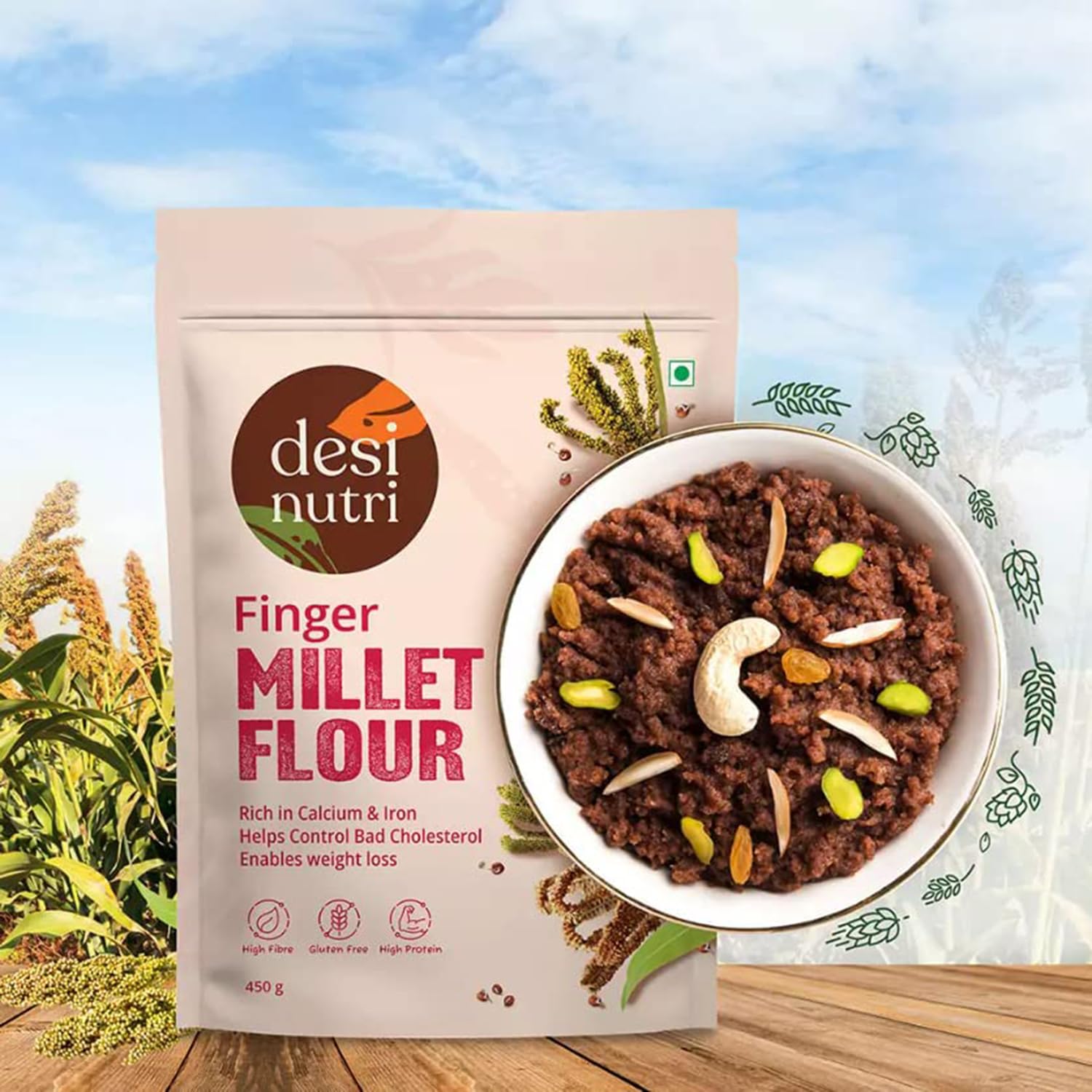 Finger Millet Flour, High Fiber, Gluten Free, 450 gm
