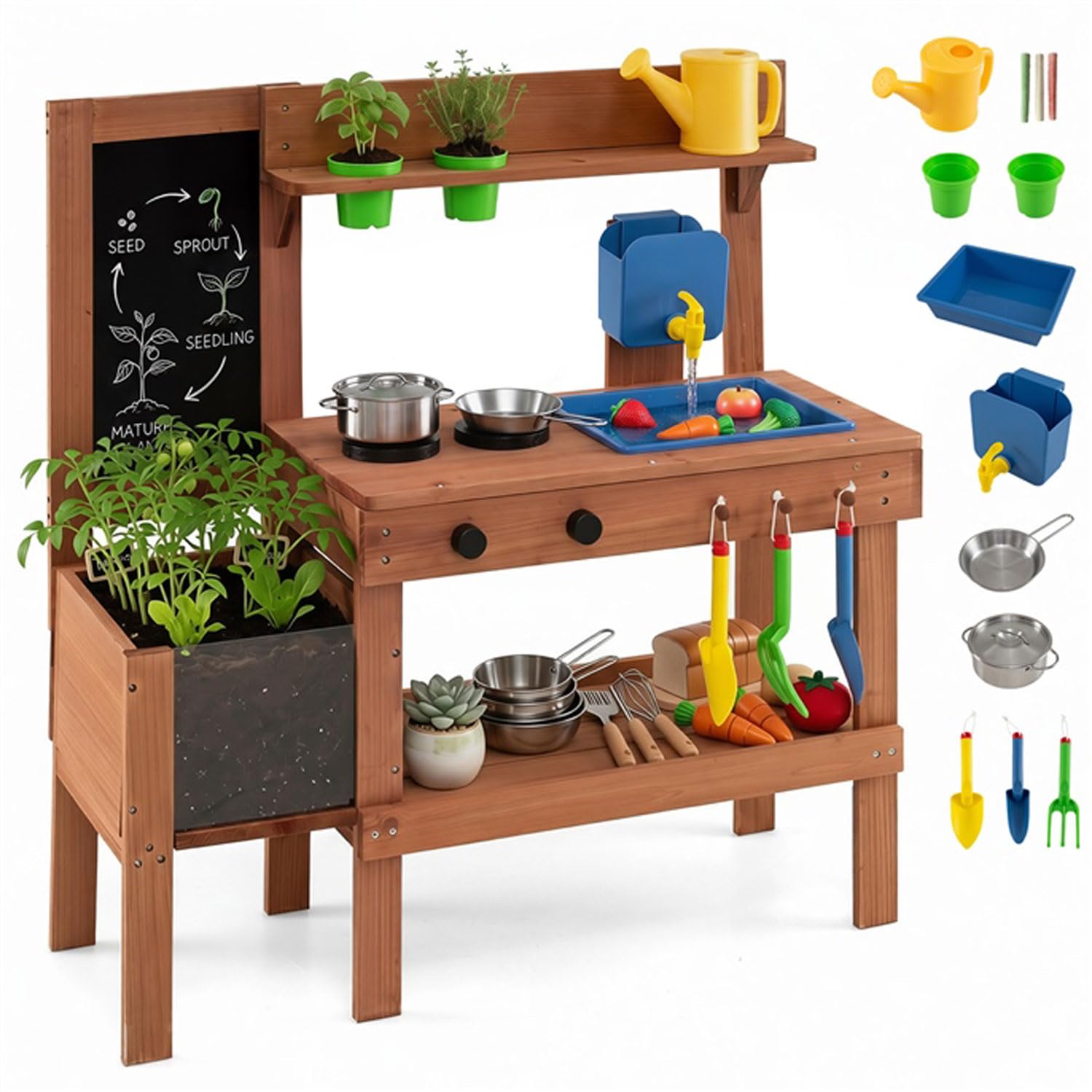 DREAMADE Matschküche Kinder Outdoor, Spielküche Holz mit Zubehör | Spülbecken, Wasserhahn & Wassertank, Kinderküche mit Tafel, Herden & Pflanzkasten, Gartenspielküche für Kinder ab 3 Jahren