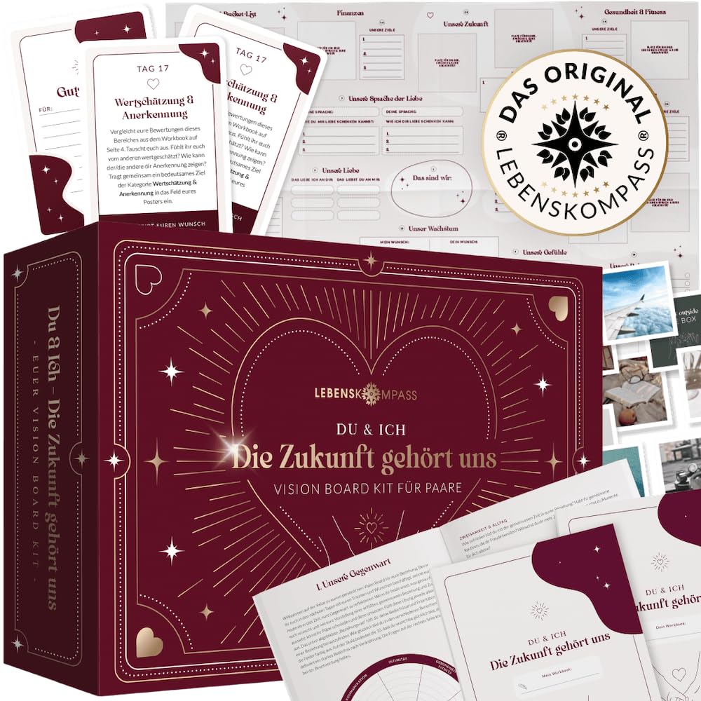 LEBENSKOMPASS® Vision Board Set & Bucket List für Paare ”Unsere Zukunft” - DAS ORIGINAL - Bastelt ein gemeinsames Visionboard für euer Leben - für Partner und Pärchen, Jahrestag Geschenk