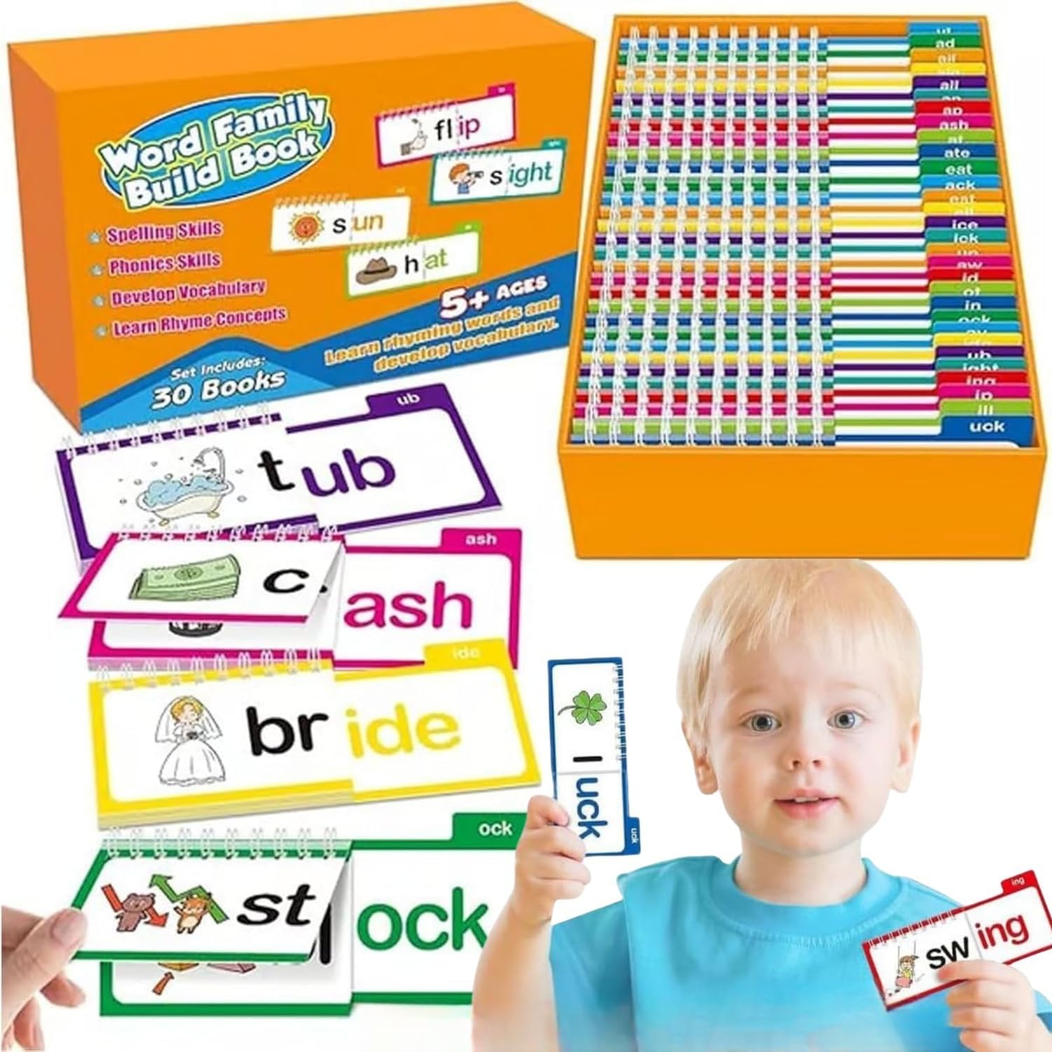 Ryfpdml 30 Read and Rhyme Flip Books, Word Family Build Book Word Family Flash Cards ABC Vocabulary Flash Cards Educational Reading Games for Kids gift (V)