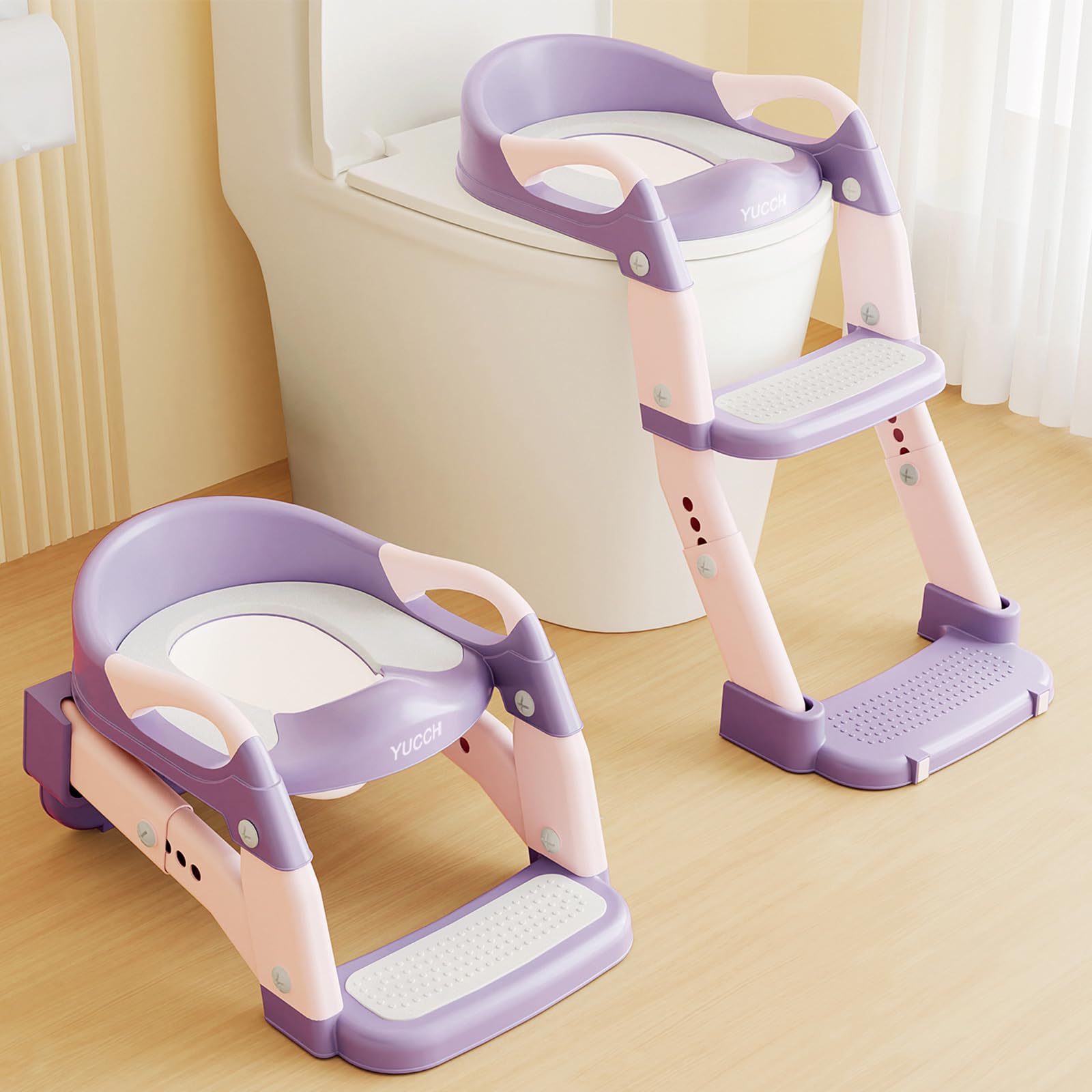 Yucch Toilettensitz Kinder mit Treppe – Upgraded 2-in-1 Kind Toilettensitz höhenverstellbar, rutschfest – WC Sitz mit abnehmbarem Topf & weichem PU-Polster (1–6 Jahre, Rosa)