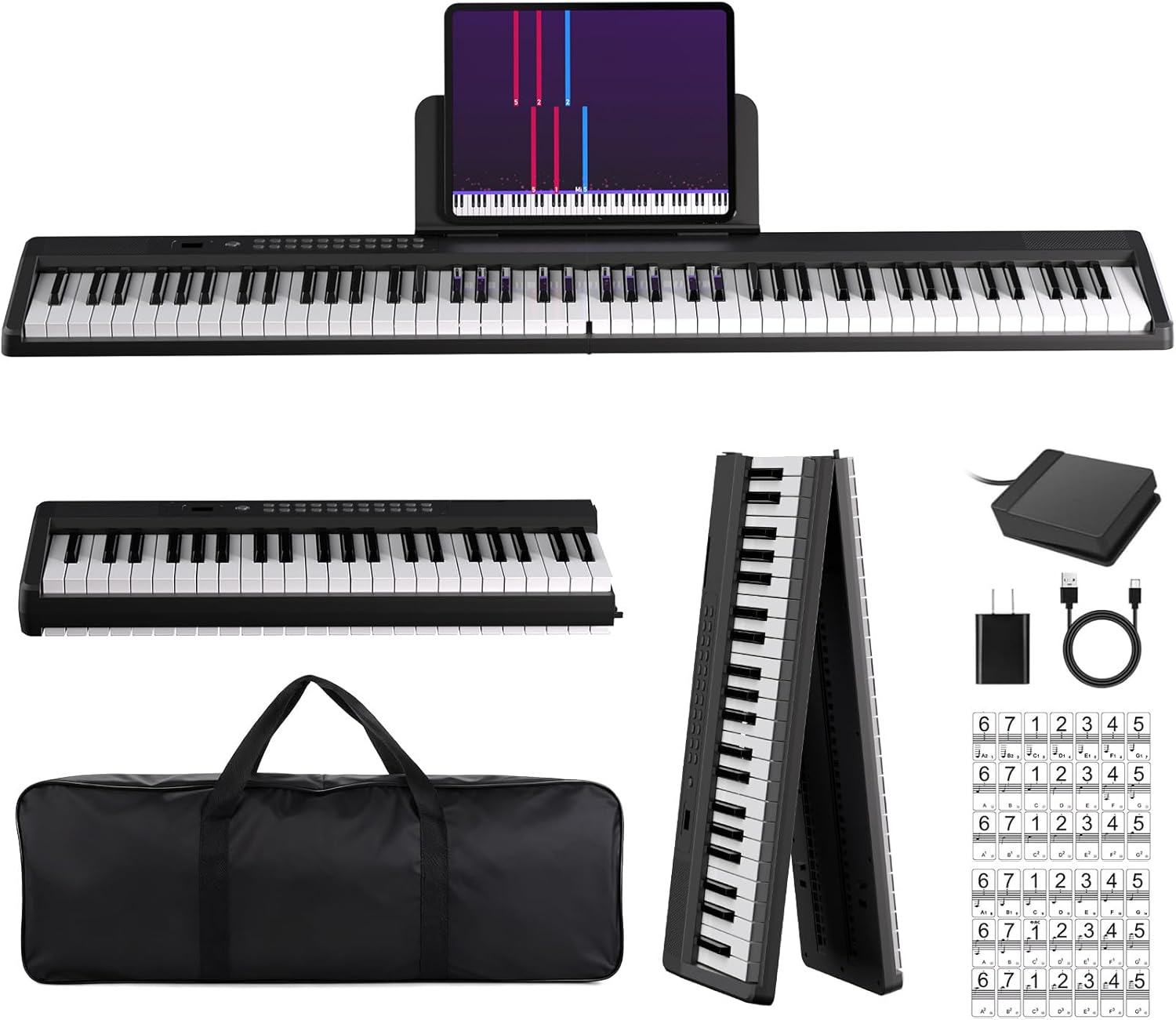 MARVTOWN Portable Folding Piano Keyboard, 88Keys Semi-Weighted Full Size, Foldable Digital Piano, Rechargeable Electric/Electronic Keyboard Piano w/MIDI Bluetooth&two speakers&Carry-case Beginner