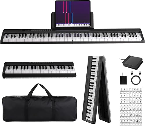 MARVTOWN Portable Folding Piano Keyboard, 88Keys Semi-Weighted Full Size, Foldable Digital Piano, Rechargeable Electric/Electronic Keyboard Piano w/MIDI Bluetooth&two speakers&Carry-case Beginner