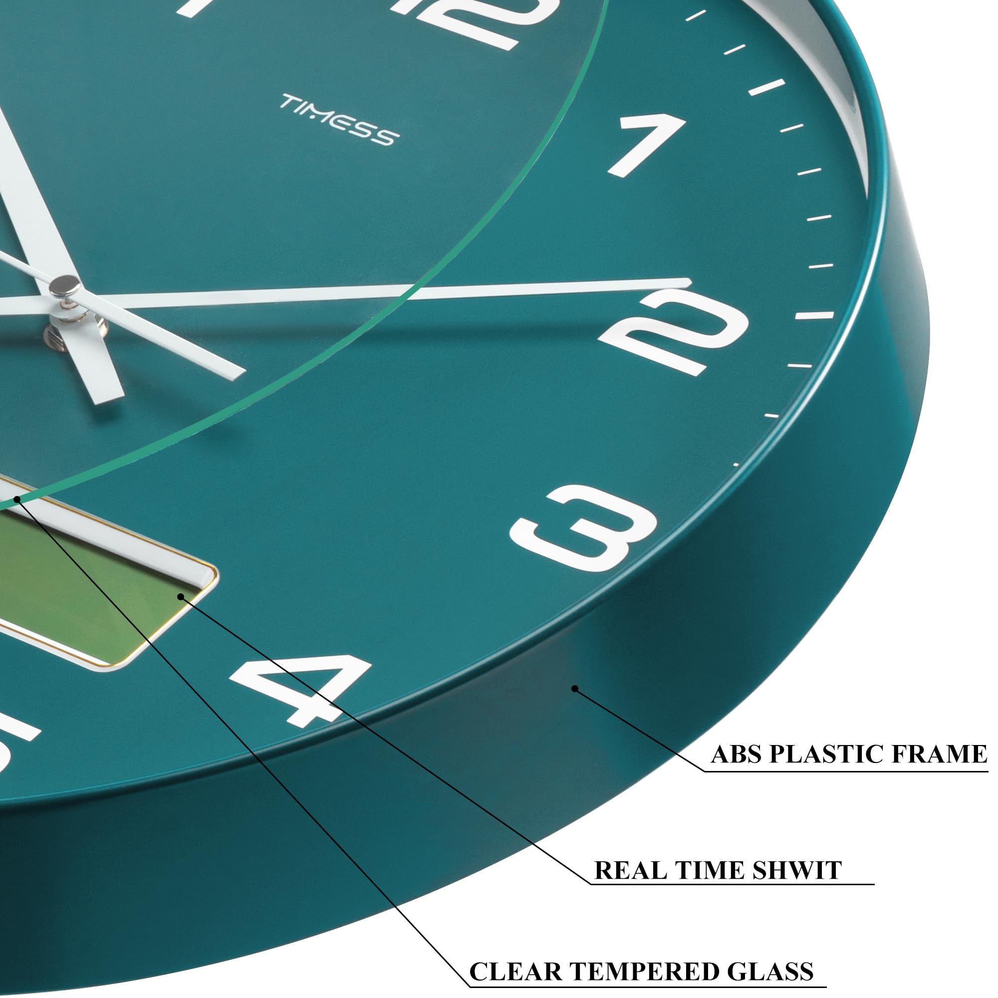 TIMESS Wall Clock, 14" Large Dial Non-Ticking Silent Battery Operated Analog with Dual LCD Display for Instant F° Temperature and Humidity, Ideal Modern Home, Bedroom, Office Decor (Green)