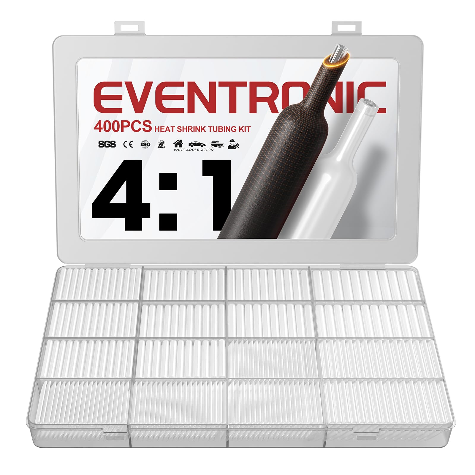 Eventronic 4:1 Heat Shrink Tubing Kit - 400 Pcs Adhesive Lined, Wire Shrink Wrap Tubing, Marine Grade Industrial Heat-Shrink Tubing, Clear