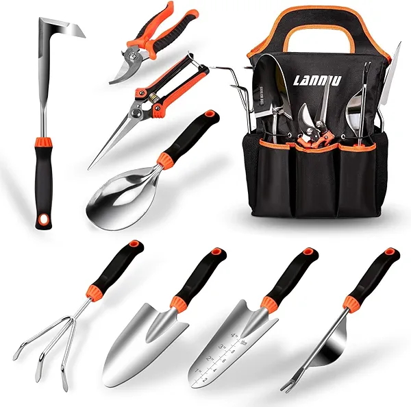 LANNIU Garden Tool Set, 9 Piece Stainless Steel Heavy Duty Gardening Tool Set, with Non-Slip Rubber Grip, Storage Pocket, Ideal Gardening Gifts for Men