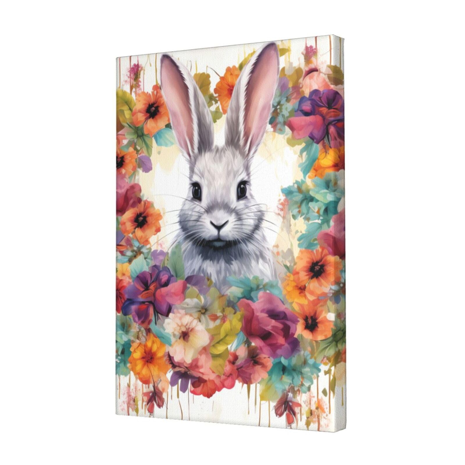 KLOPH Watercolor rabbit and flowers Canvas Wall Art for Living Room 12"x18" Modern Artwork Painting for Bathroom Hanging Canvas Prints Aesthetic Wallart for Bedroom Kitchen Office Wall Decor