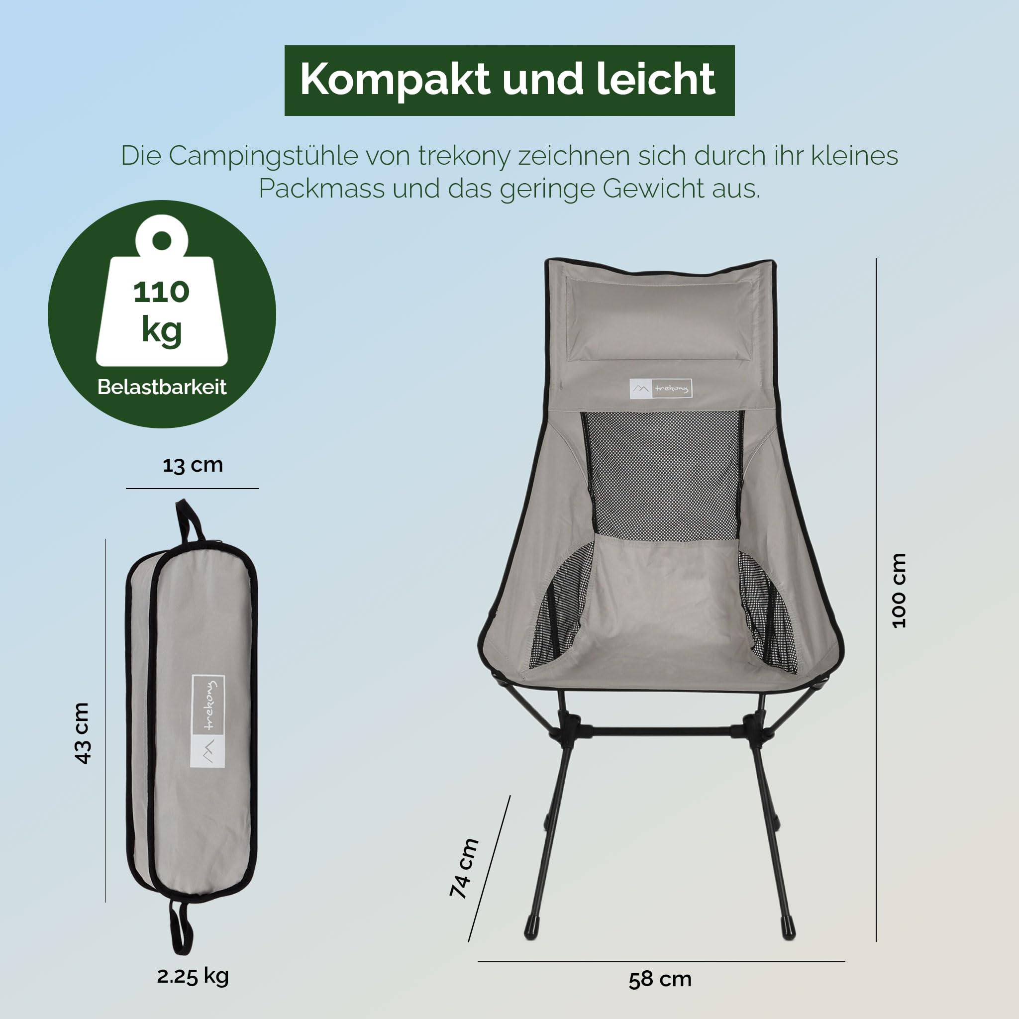TREKONY Campingstuhl hoch, faltbar aus Stahl, Ultraleicht und kleines Packmaß, Camping Stuhl bis 110kg, Faltstuhl mit Kopfstütze und Tragetasche für 