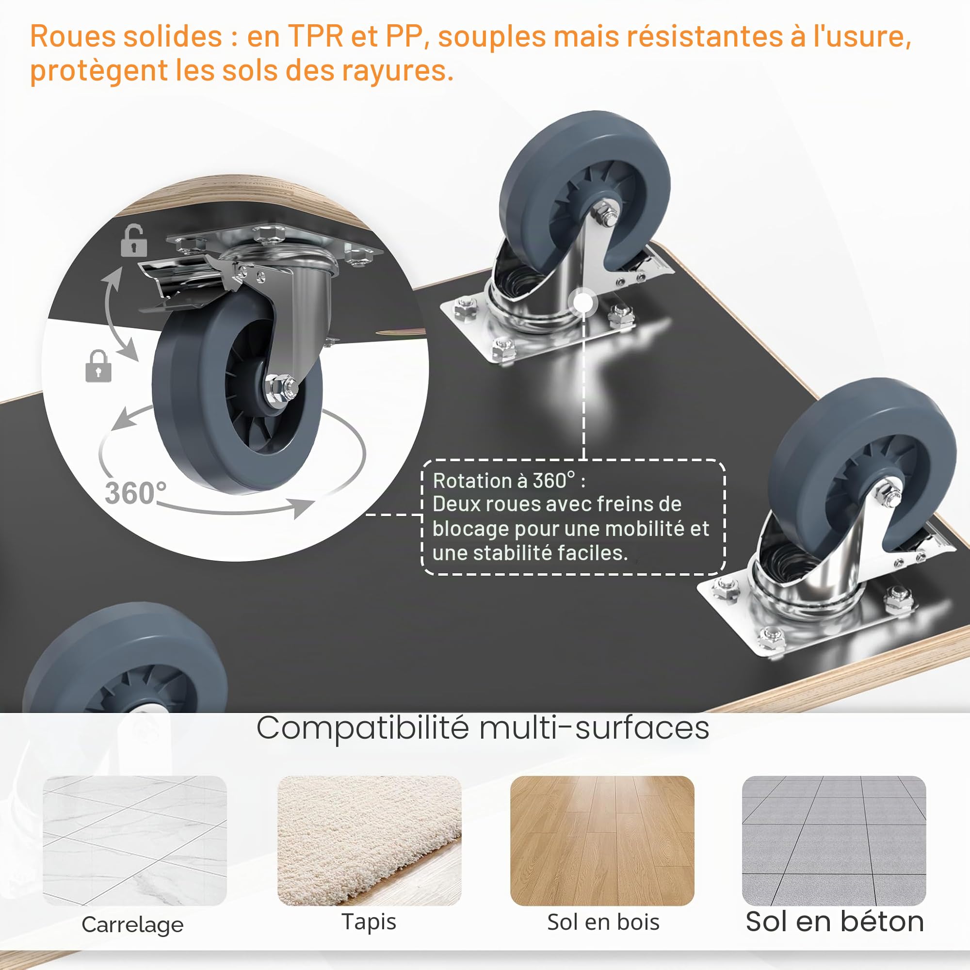 Aufun Lot de 2 roulettes de transport pour planche à roulettes 60 x 40 cm avec frein, roulettes pour meubles, transport avec aide au transport, transport de meubles jusqu'à 200 kg, robustes et sûrs
