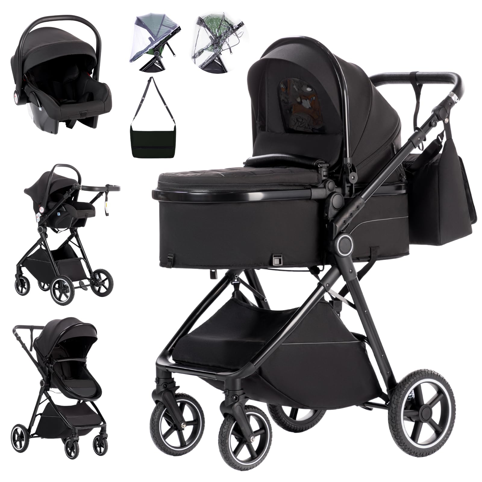 Zkiprm kinderwagen 3 in 1, Kinderwagenset mit Sitz, Doppelt faltbares Design, Zwei-Wege-Schub Babywagen, Liegeposition verstellbar, Große ausziehbare Verdeck, bis 15 kg, 0-3 Jahre