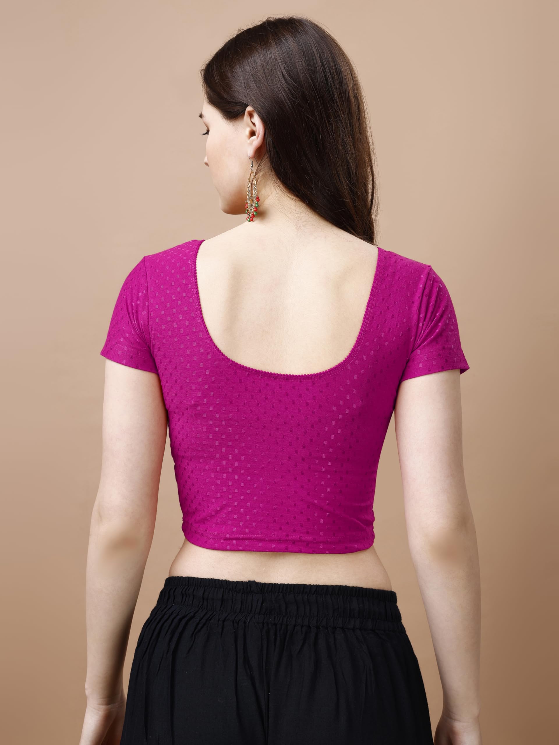 Pujia Mills Women's Readymade Dobby Cotton Lycra Stretchable Round Neck Short Sleeve Blouse Fancy Pink Color Lycra Stretchable Blouse For Women Stylish Readymade Saree Blouse