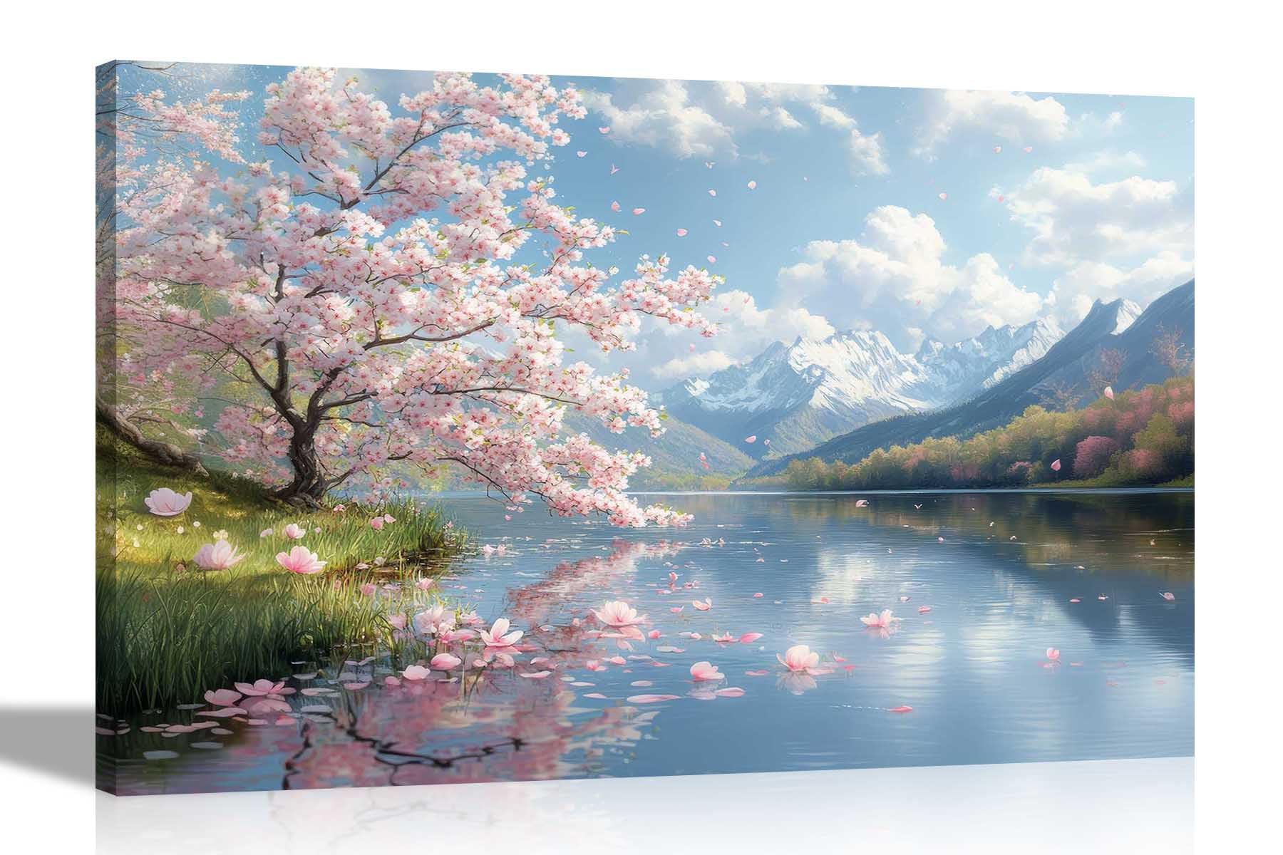 Artley Prints Mountain Lake Spring - Spring Lake Mountain Landscape Tree Canvas Prints Framed Wall Art Scenery Pictures Home Office Living Room Large 86 X 61Cm (34 X 24 Inches) A1