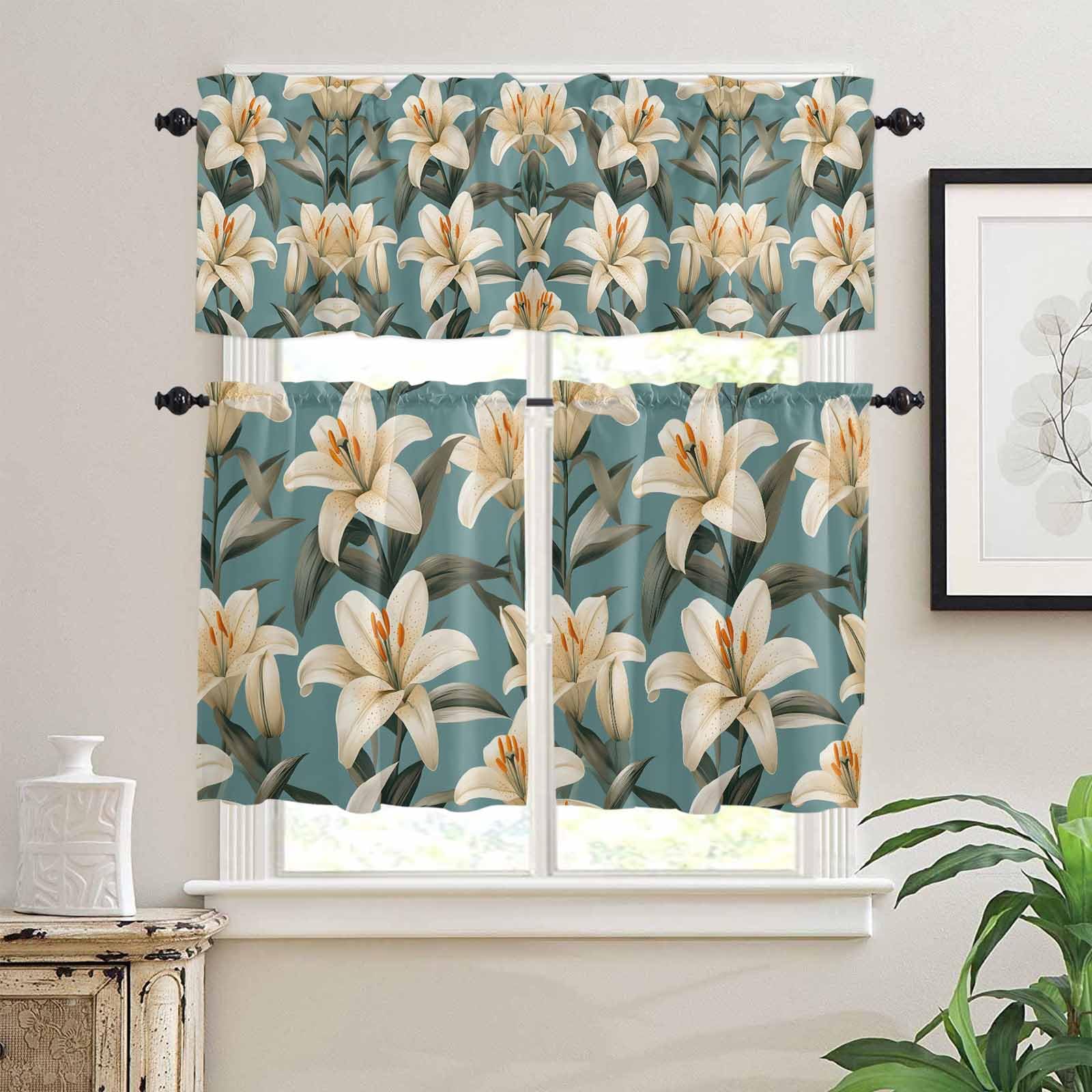 Vintage Flower Kitchen Curtains 24 Inch Length,3 Piece Rod Pocket Small Half Tiers and Valance Set,Country Lily Floral Botanical Plant Leaf Small Large Window Treatment Decor for Bedroom/Bathroom