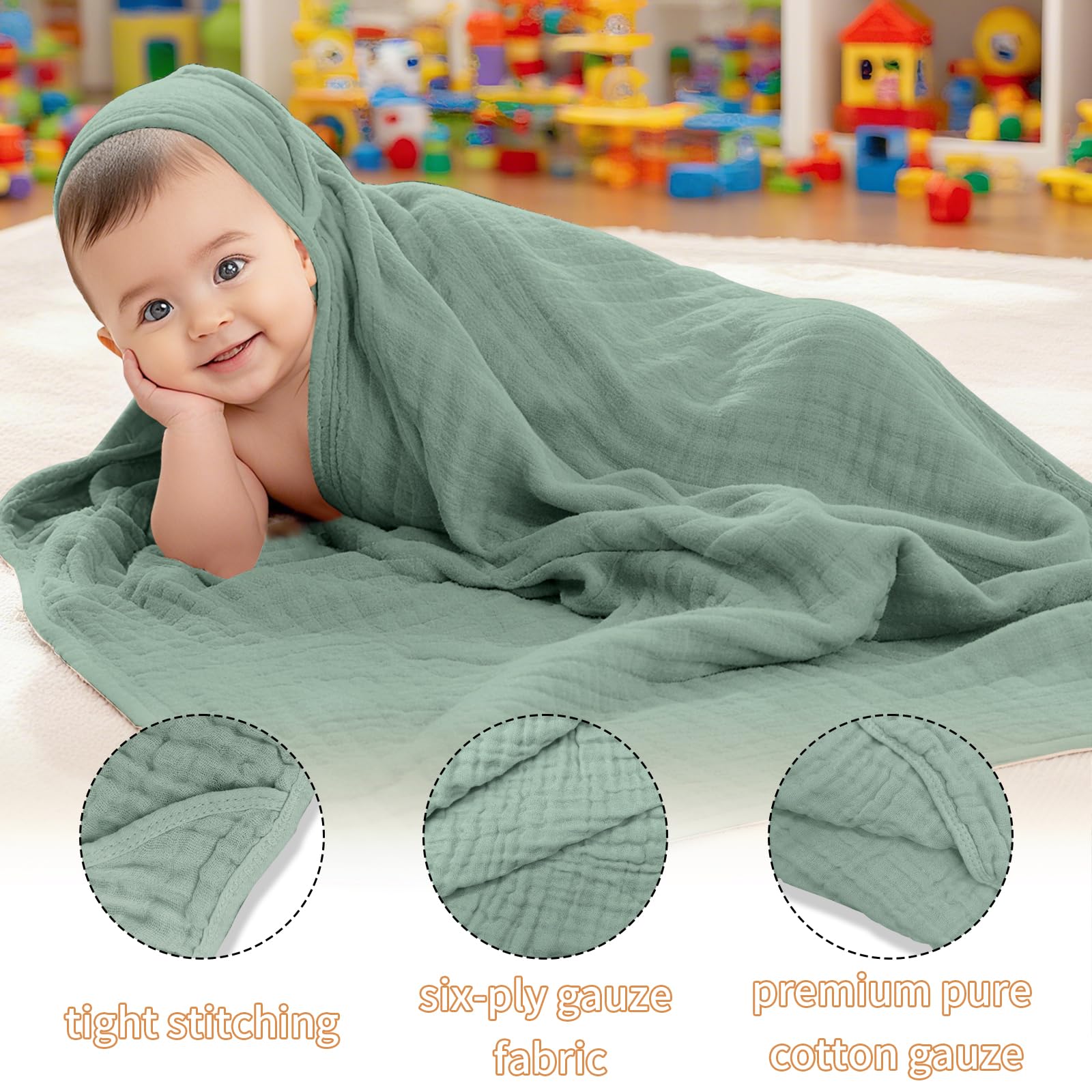 Asciugamano con Cappuccio per Neonati 80 x 80 cm Cotone Mussola Accappatoio Neonato Morbido Super Assorbente Mantella da Bagno per Bambini Asciugamano per Regalo-Verde scuro