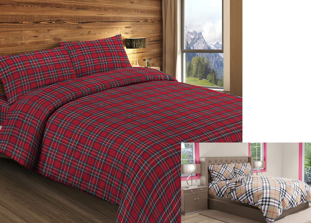 Parure De Lit Flanelle 100% Coton écossais Kilt Rouge - Fabriquée En Italie, Simple/1 Place, Housse élastiquée