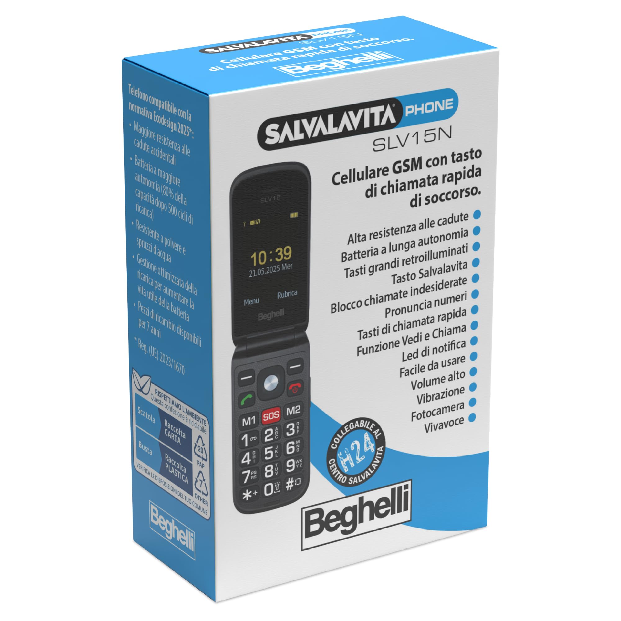 Beghelli Telefono Salvavita per Anziani, Salvalavita Phone SLV15N ECO - Cellulare GSM per Anziani con Tasto SOS, Tasti Grandi Retroilluminati, Blocco Chiamate Indesiderate, Fotocamera, Torcia (Nero)