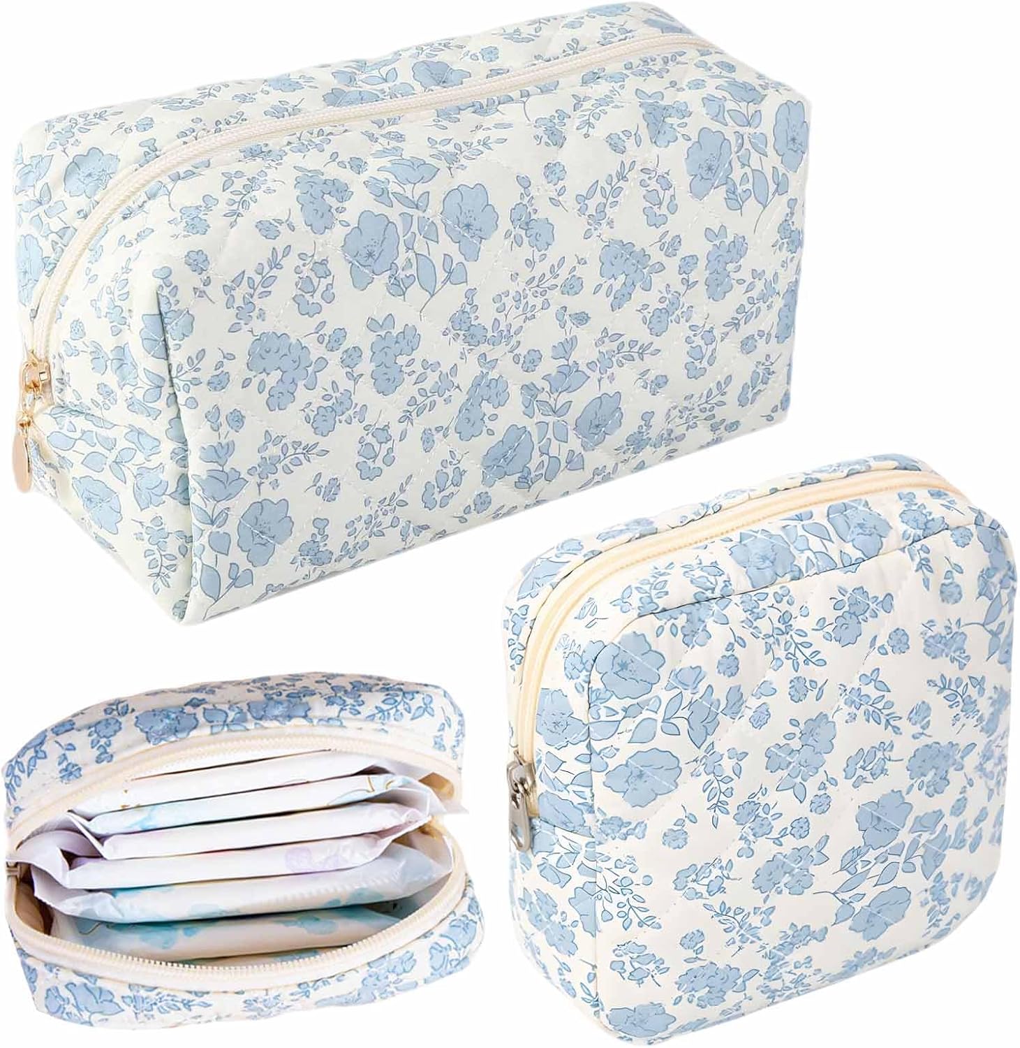 2 PCS Blue Floral Makeup Bag Cute Flowers Cotton Quilted...