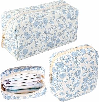 KuuGuu 2 PCS Blue Floral Makeup Bag Cute Flowers Cotton Quilted Cosmetic Bag Fashion Travel Toiletry Storage Bags Aesthetic Essential Bags Toiletry Period Organizing Accessories for Women Girls