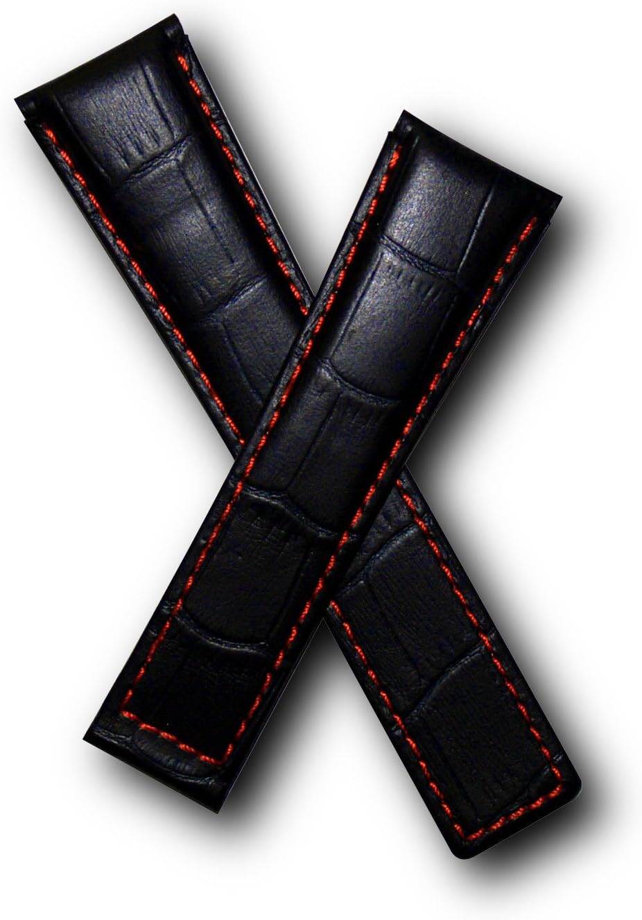 TH-MCO-06-0531 - 22 mm Dark Navy Blue Crocodile-Style Leather Deployment Watch Strap with red Stitching, red Lining Compatible with TAG Heuer Monaco & Targa Florio Models Listed Below