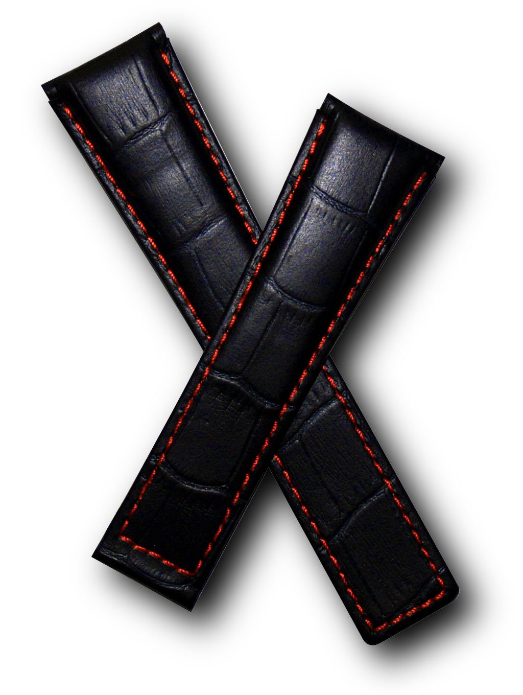 WatchstrapworldTH-MCO-06-0531 - 22 mm Dark Navy Blue Crocodile-Style Leather Deployment Watch Strap with red Stitching, red Lining Compatible with TAG Heuer Monaco & Targa Florio Models Listed Below