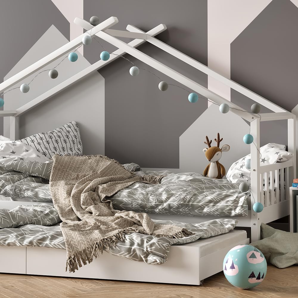 VitaliSpa Letto montessori bambini Design, Bianco, 90x200 cm con letto per ospiti, con sponda anticaduta e rete a doghe per un sonno sicuro