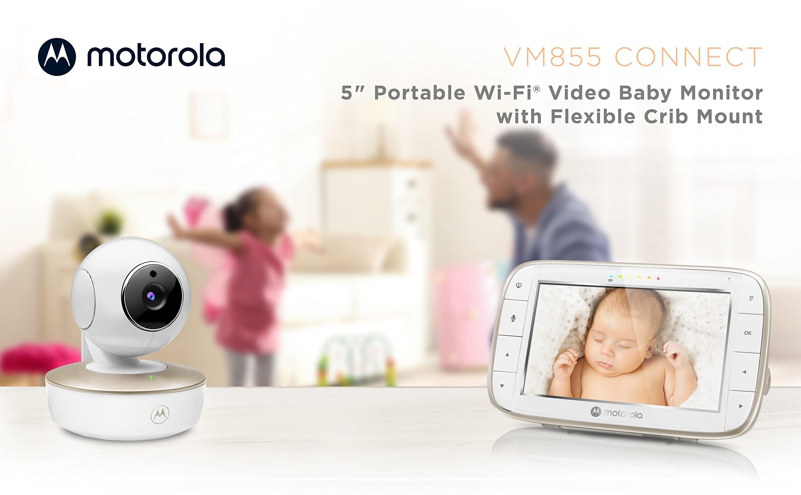 Motorola Nursery VM855 Connected WiFi elektroniczna niania – z aplikacją Motorola Nursery i 5-calową jednostką rodzicielską – widoczność w nocy, temperatura i dwukierunkowa rozmowa, kolor biały/złoty