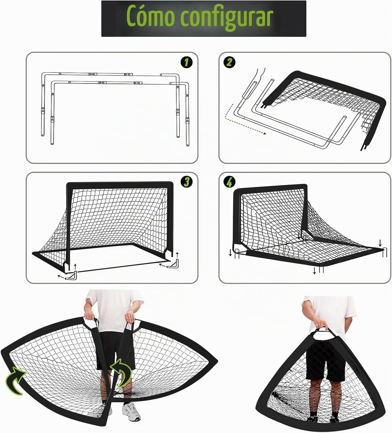 Porteria Futbol Niños para Patio, 2 Porterías de 1,2 x 0,9 m, Portátil, Equipo de Entrenamiento con Balón, 10 Conos, Bolsa de Transporte, Red de Práctica para Jóvenes, Deportes