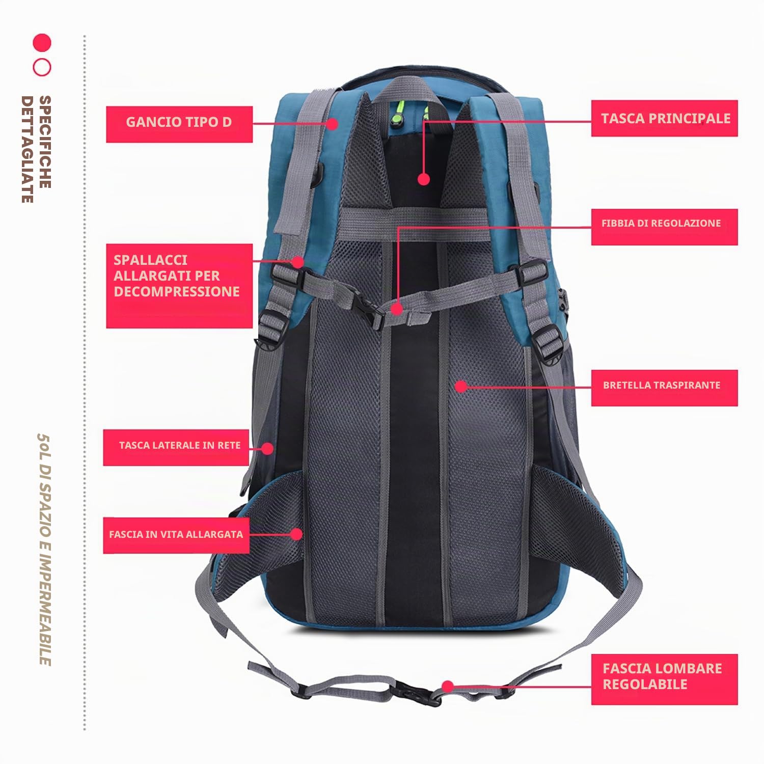 Bseash Zaino da Trekking Leggero Resistente all'acqua da 50L, Borsa da Viaggio per Alpinismo Arrampicata Campeggio e Turismo