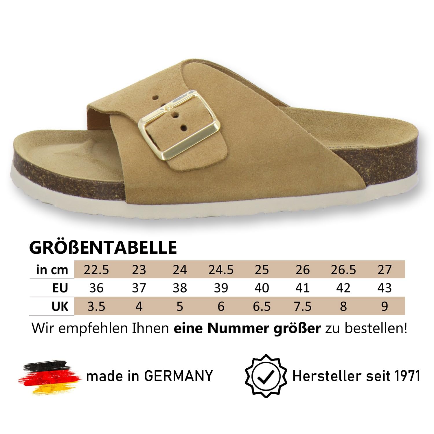 AFS-Schuhe 2150, ciabatte da donna alla moda, in vera pelle, sandali estivi con grande fibbia, realizzati a mano in Germania