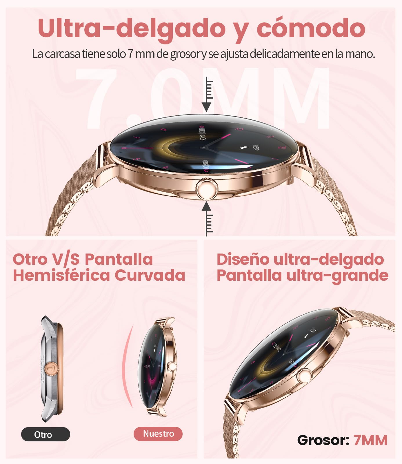 SUNKTA Reloj Inteligente Mujer Ligero con Pantalla Curva AMOLED Ultra Fina Bluetooth Llamadas IP68 Impermeable Podómetro/Frecuencia Cardíaca 100+ Modos Deportivos Elegante Smartwatch para Android iOS