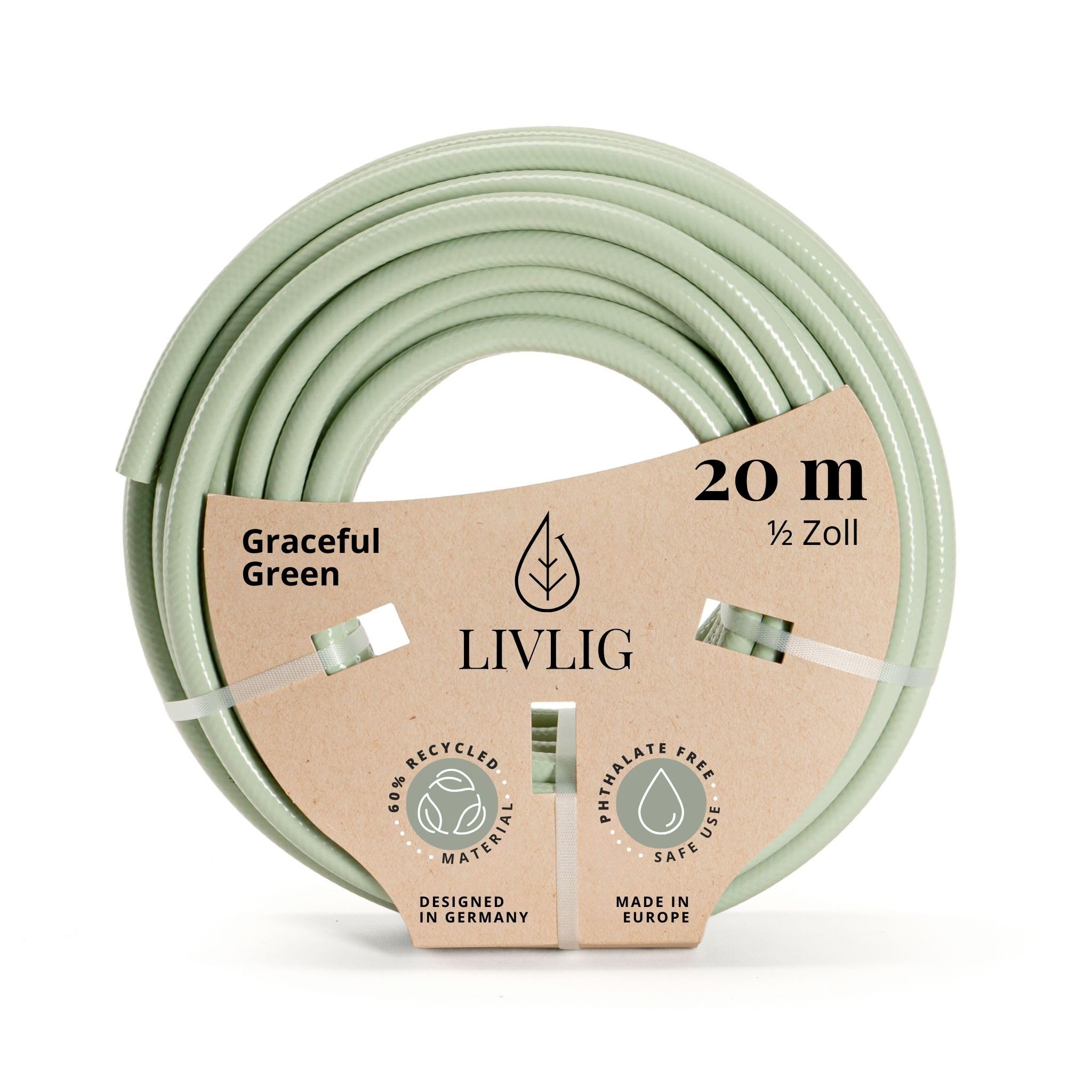 LIVLIG Tuyau d'Arrosage 20m Design – Tuyau Arrosage Flexible, 60% Recyclé, UV Résistant, Anti-Torsion, 1/2 Pouce, Vert