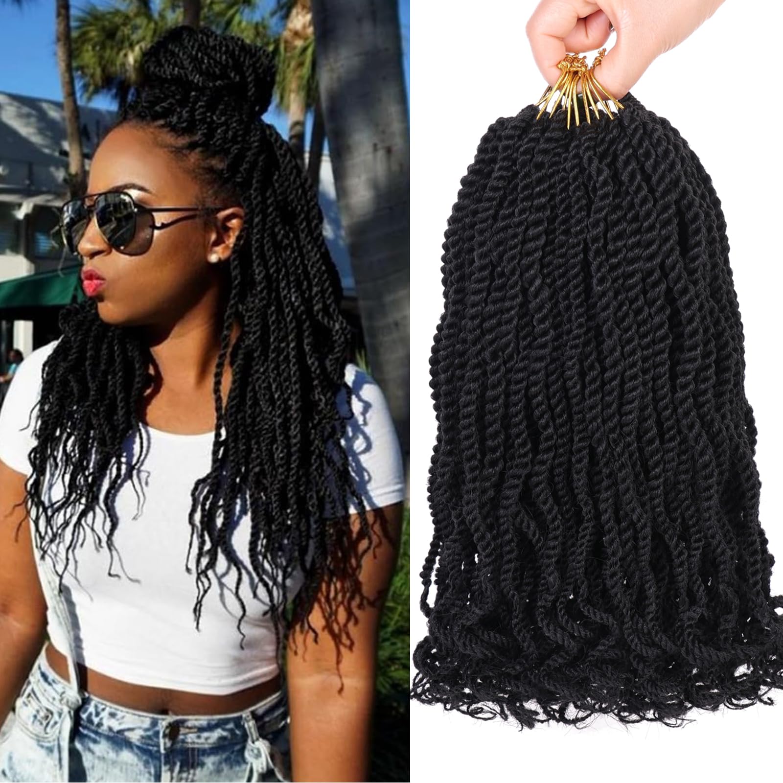 Mscat 14 Inch Wavy Senegalese Twist Crochet Hair 8 Pack Synthetic Short Pre Looped Kids Crochet Braids with Curly Ends Pre Twisted Small Havana Twist Braiding Hair for Black Women 1B#