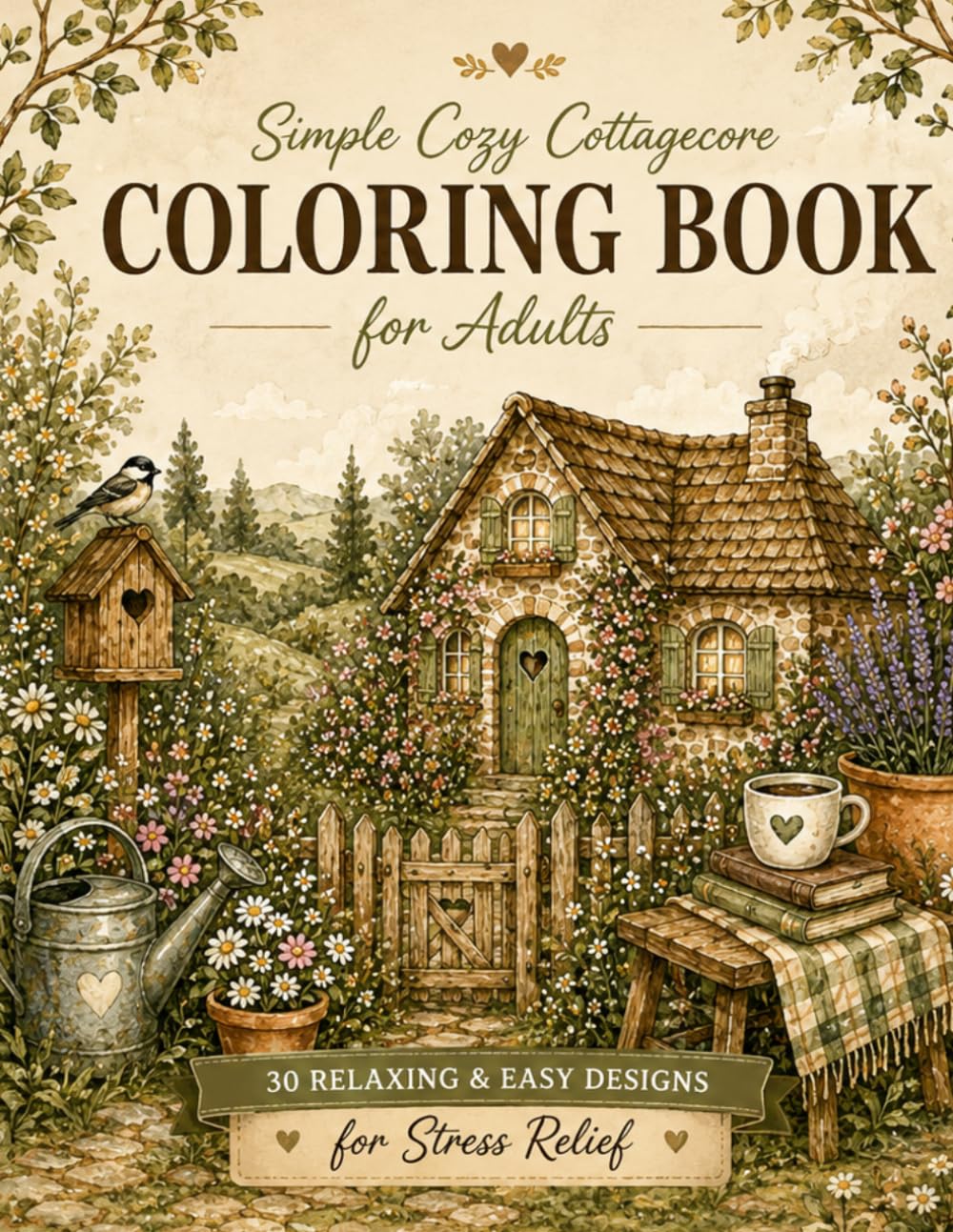 Cozy Cottagecore Coloring Book for Adults: 30 Simple & Relaxing Designs for Stress Relief