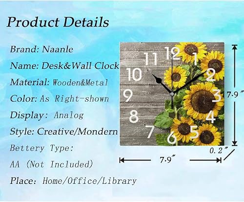 Miniatura 2 de Naanle Elegante reloj de pared cuadrado con estampado de girasoles en 3D con estampado de madera vintage, 8 pulgadas, funciona con pilas, analógico,