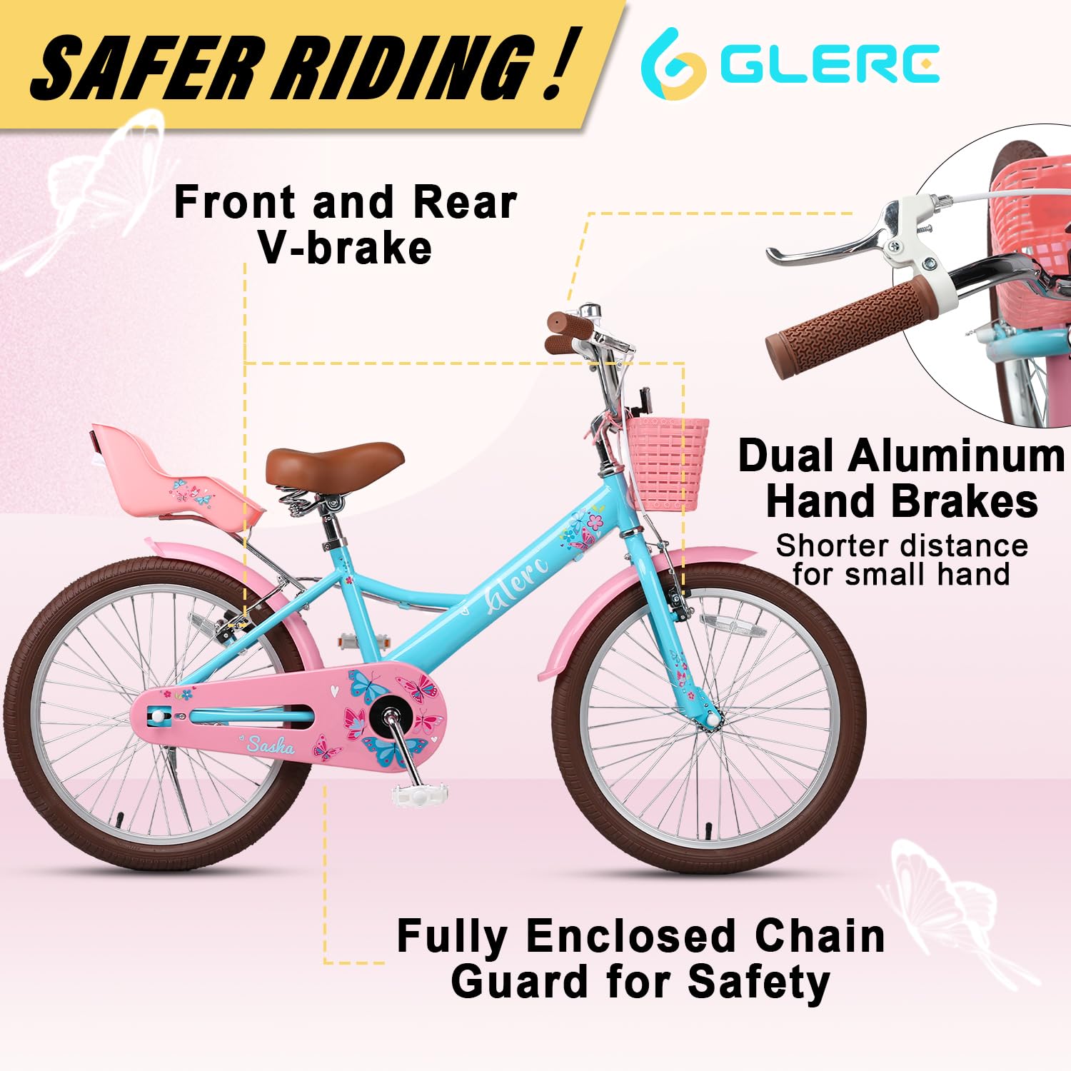 Glerc Sasha 12 14 16 20 Pouces Enfants vélo pour Filles âges 2-13 Ans Enfants vélo avec poupée siège vélo & Panier & stabilisateurs, Plusieurs Couleurs