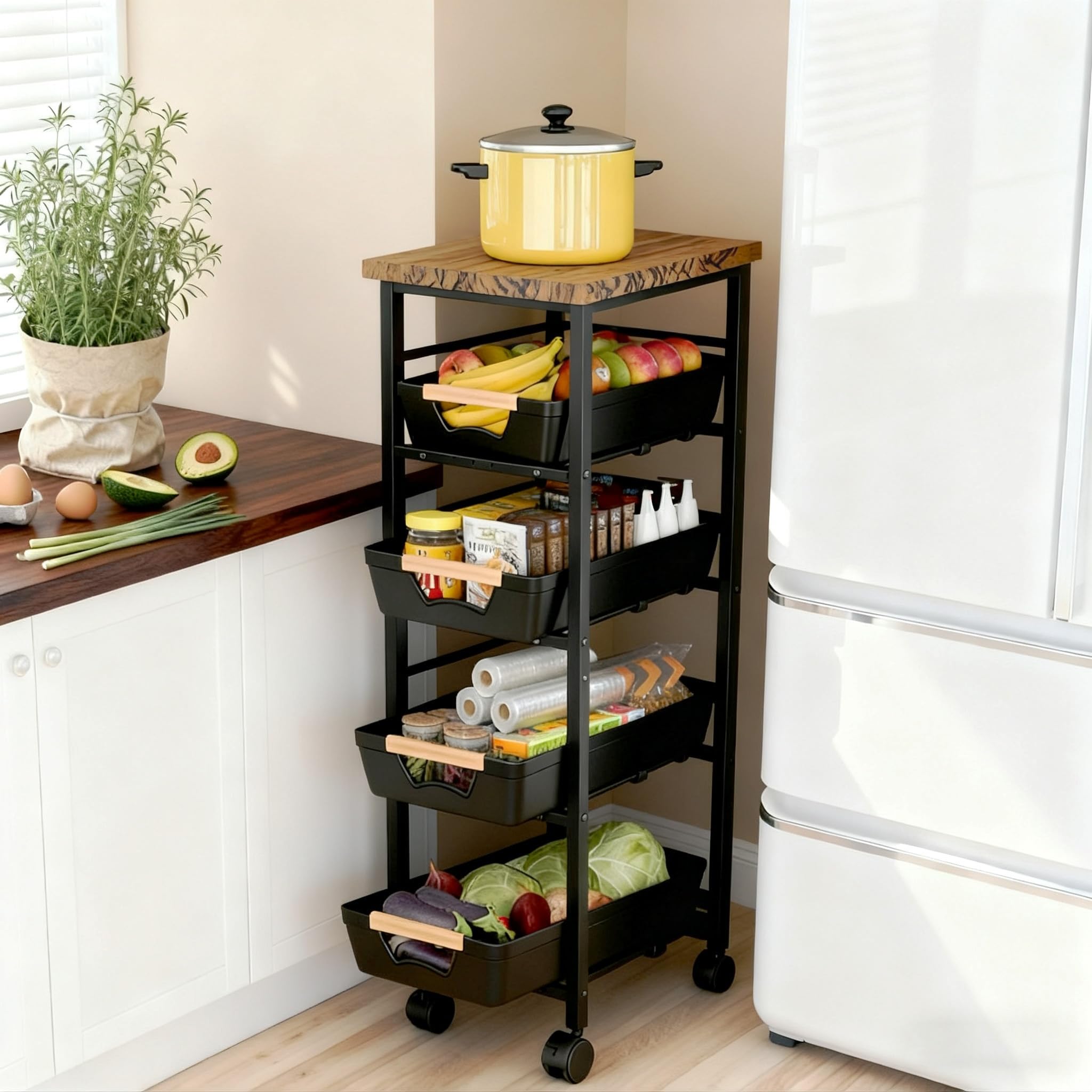Carro de cocina con ruedas, 5 niveles, estrecho, con cajones extraíbles, ruedas giratorias de metal con freno de 360°, para espacios pequeños, cocina, baño, salón, estudio, color negro