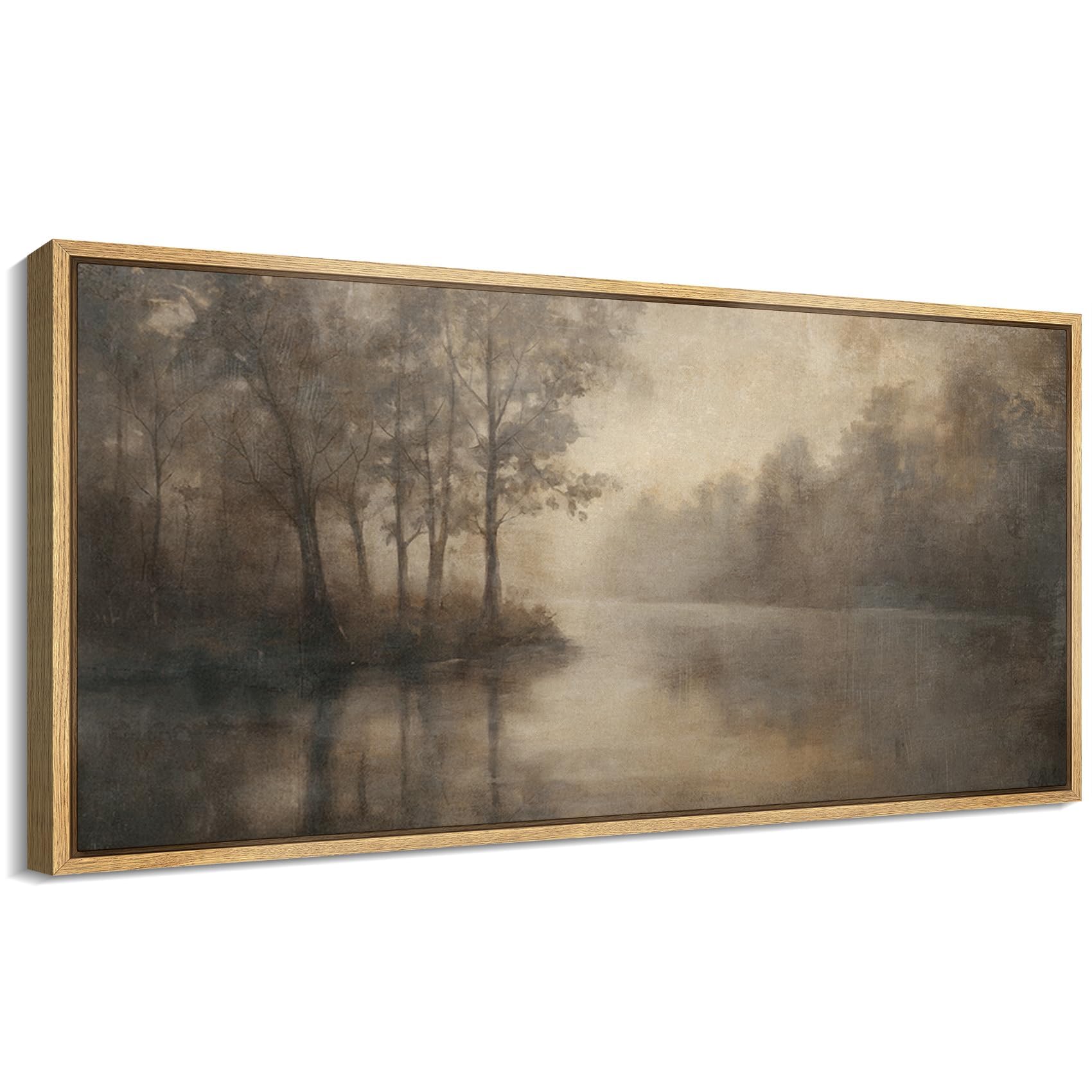 MUDECOR Extra Large Framed Canvas Print Wall Art Misty Forest Lake Soothing Foggy Landscape Fine Art Illustrations Decorative