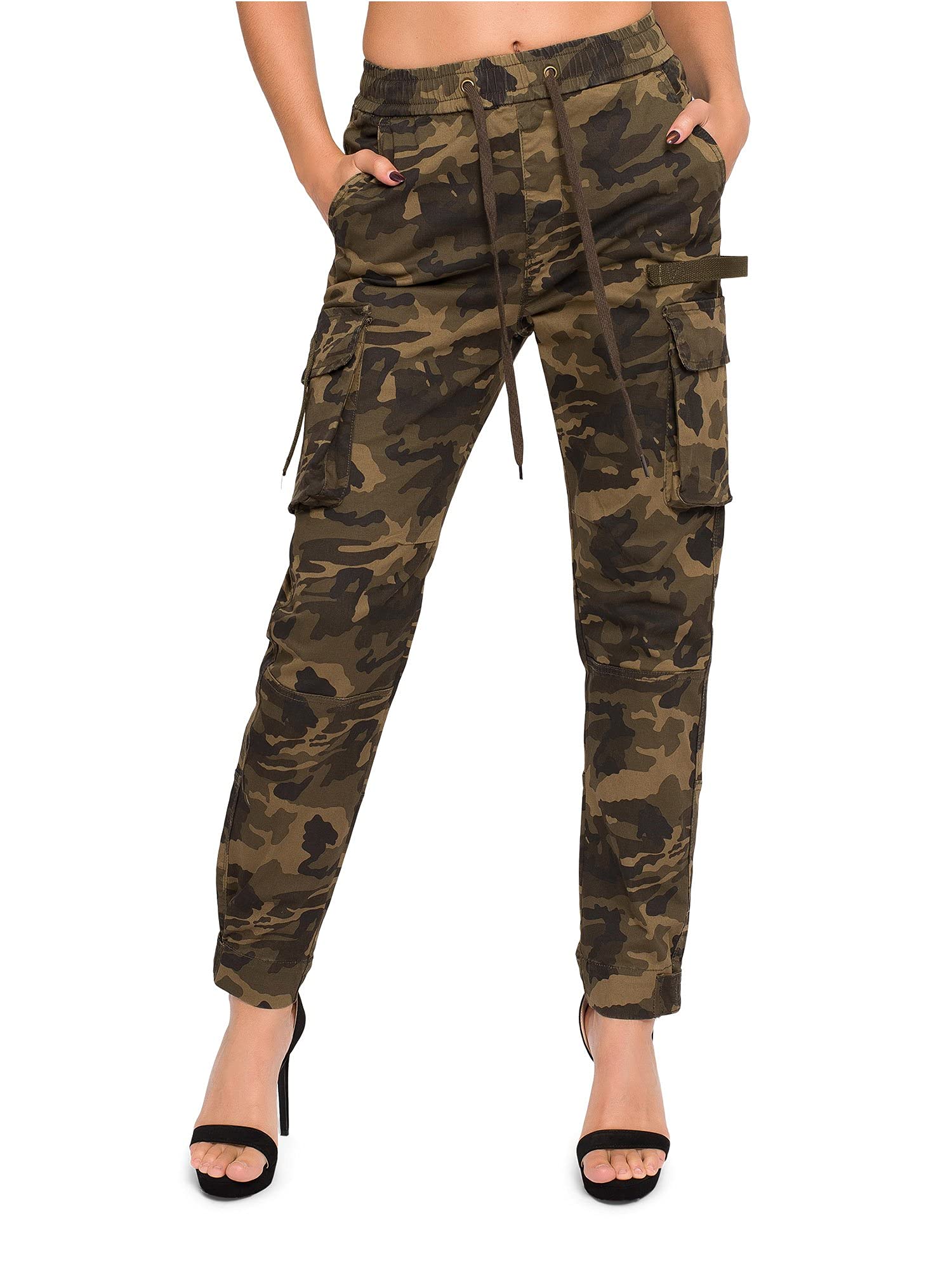 American Bazi Women's High Waist Drawstring Waist Cargo Joggers RJJ2898 - Olive Camo - X-Large