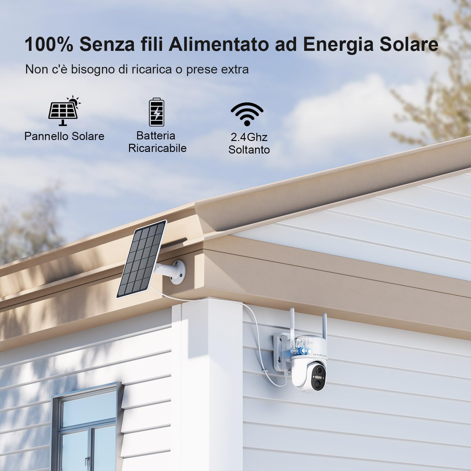 HOSAFE.COM Telecamera Wi-Fi Esterno, Telecamera WiFi Esterno, Telecamera WiFi Esterno Senza Fili, Telecamera a 360° con PTZ, Sensore PIR, Visione Notturna a Colori 2K HD, Cloud, Impermeabile IP66