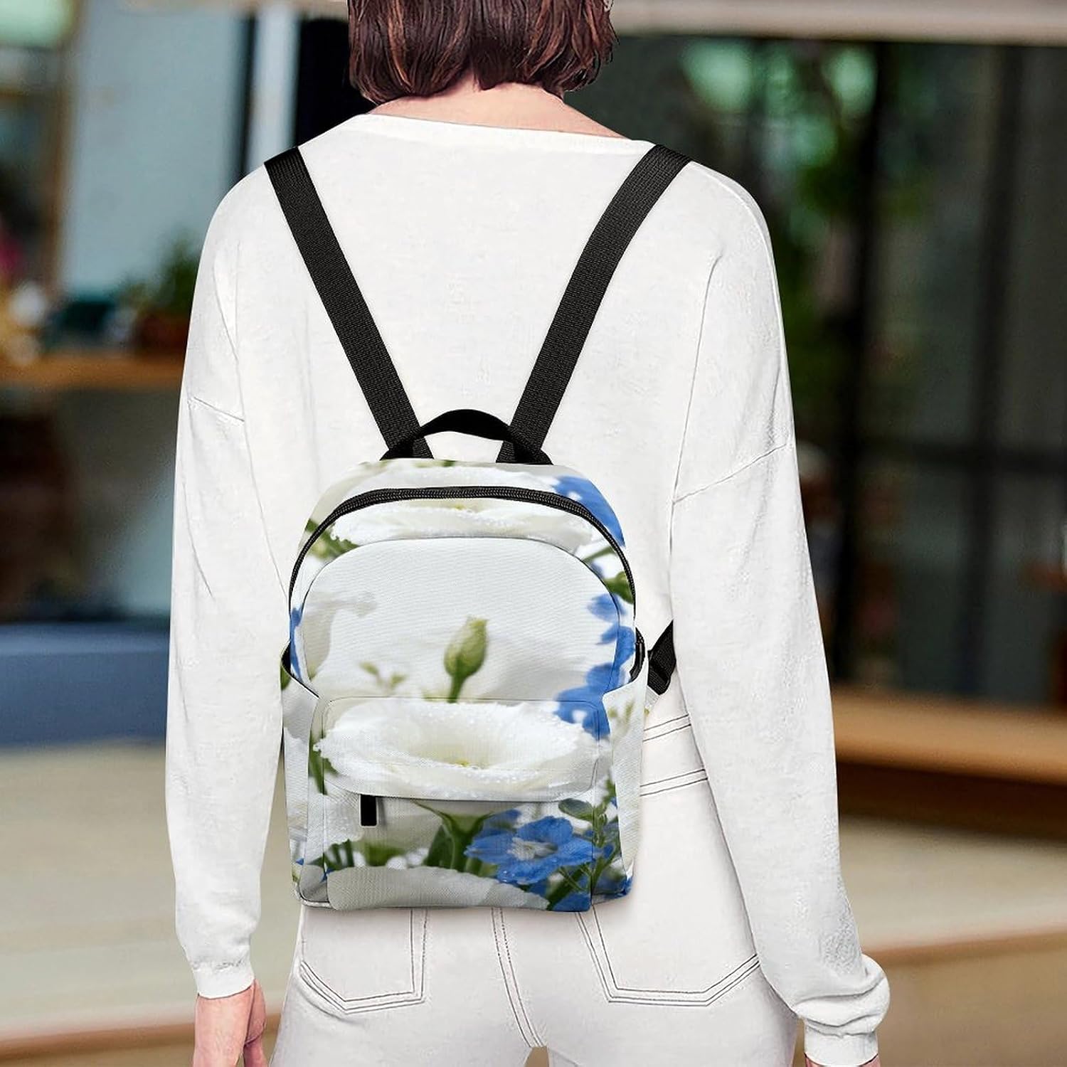 Floral White Blue Mini Backpack Purse for Women | Waterproof durable oxford cloth casual daypack, lightweight small rucksack for work travel outdoor camping daily use & gift