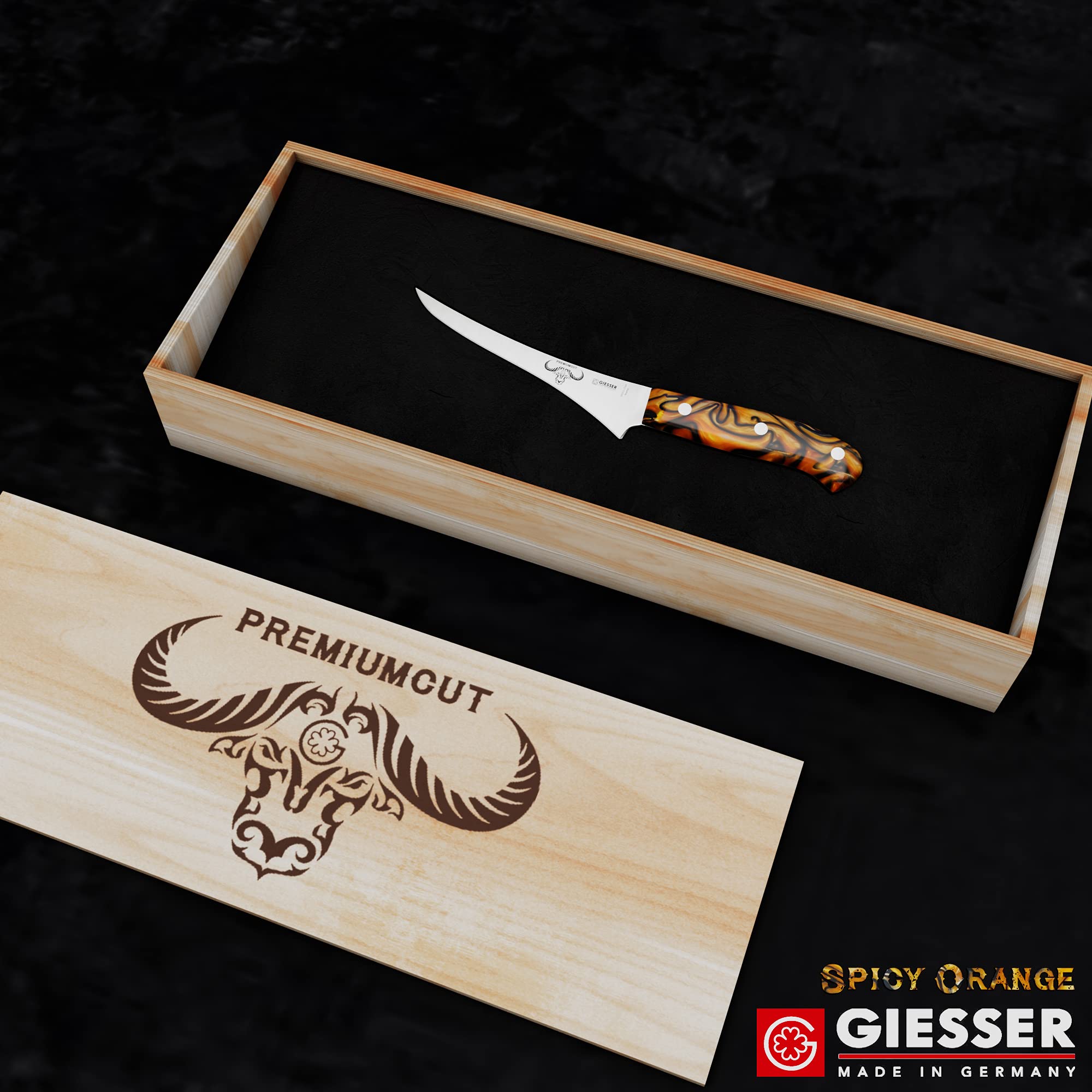 Giesser seit 1776 - Made in Germany - Filetiermesser 17 cm Spicy Orange, PremiumCut Filet No 1, Filiermesser, Acryl, exotisch, rostfrei, deutsches Grillmesser scharf