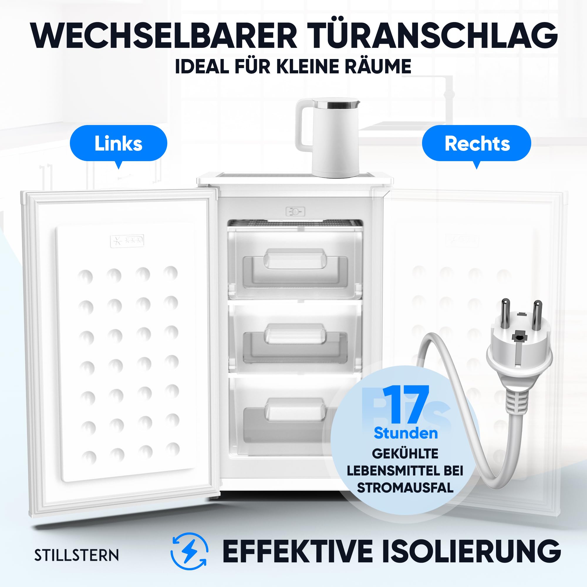 Stillstern Congélateur C (73 L) 4 étoiles -18 °C, faible consommation d'énergie, 3 compartiments, température réglable en continu, butée de porte interchangeable, petit congélateur, congélateur