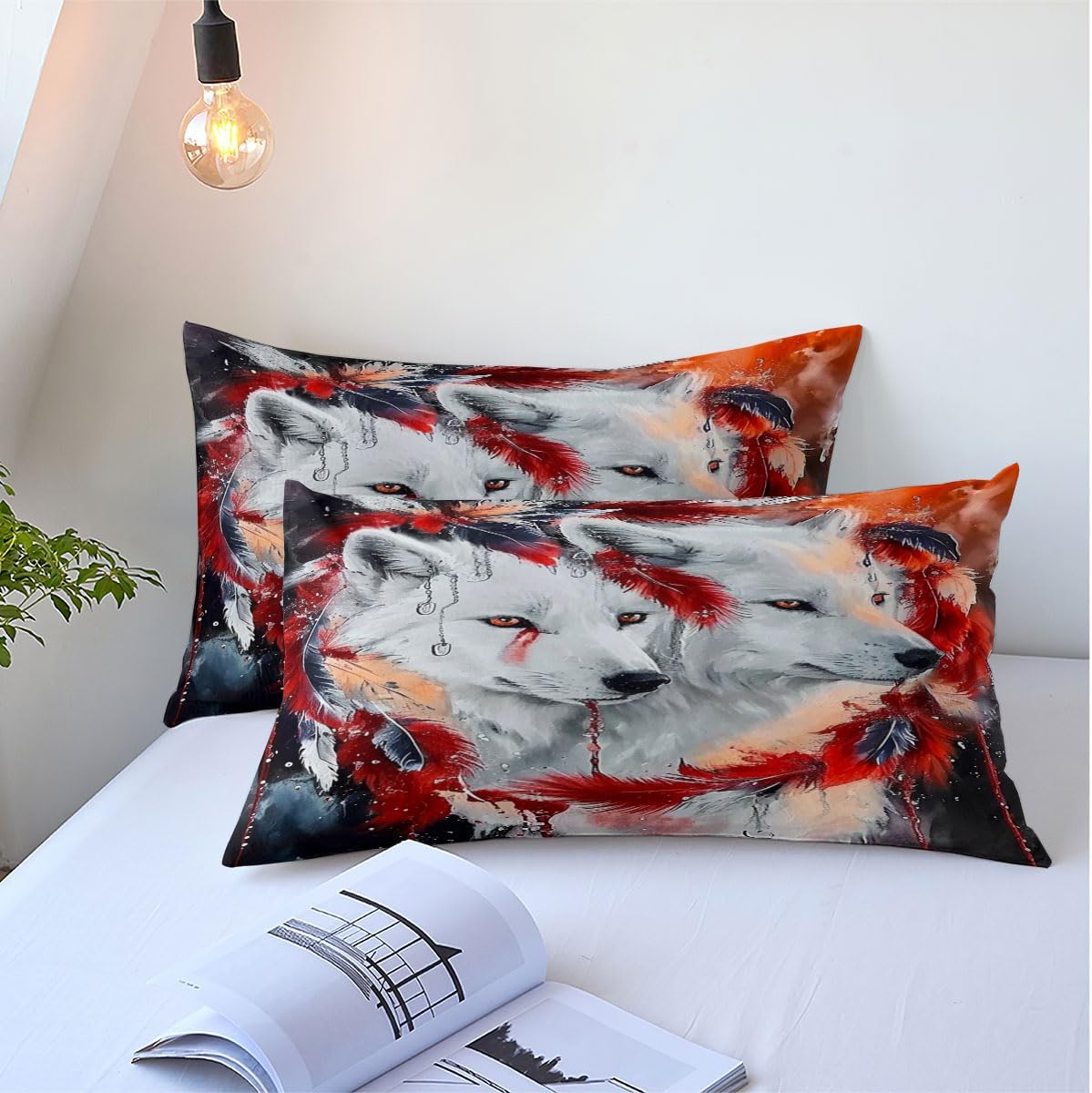 Full Comforter Dream Catcher Bedding Set White Wolf Down Comforter for Girls Boys Kids Adults Wild Animals Feather Bedding Sets Cool Wildlife Soft Microfiber Bed Set for All Seasons